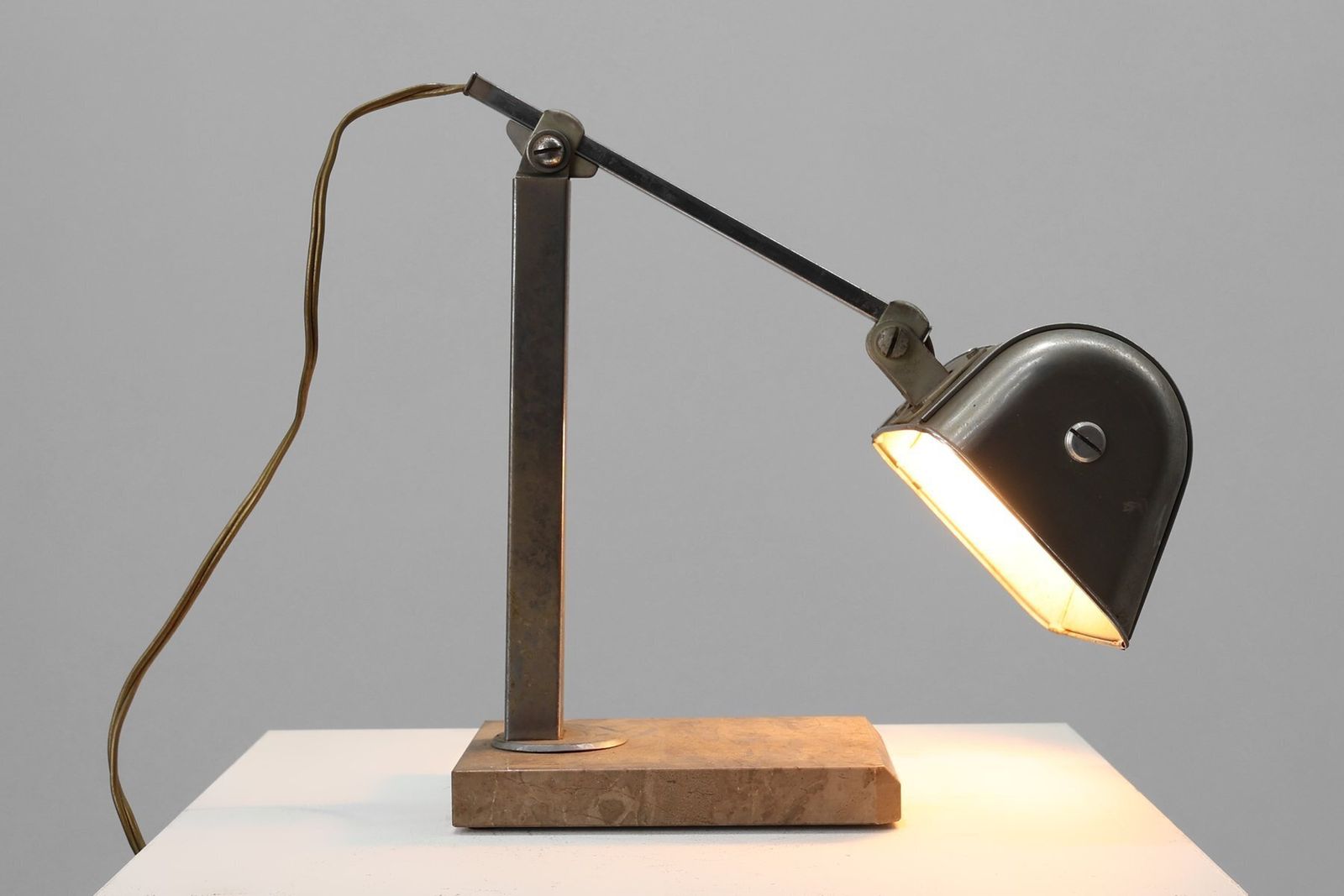 945.0 Art Deco Industrial Metal And Travertine Desk Lamp, Belgium, 1930s photo