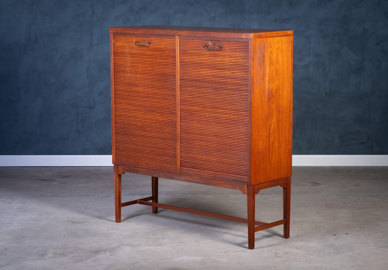 Teak Tambour Cabinet With Brass Handle, Danish Design, 1960s photo furniture