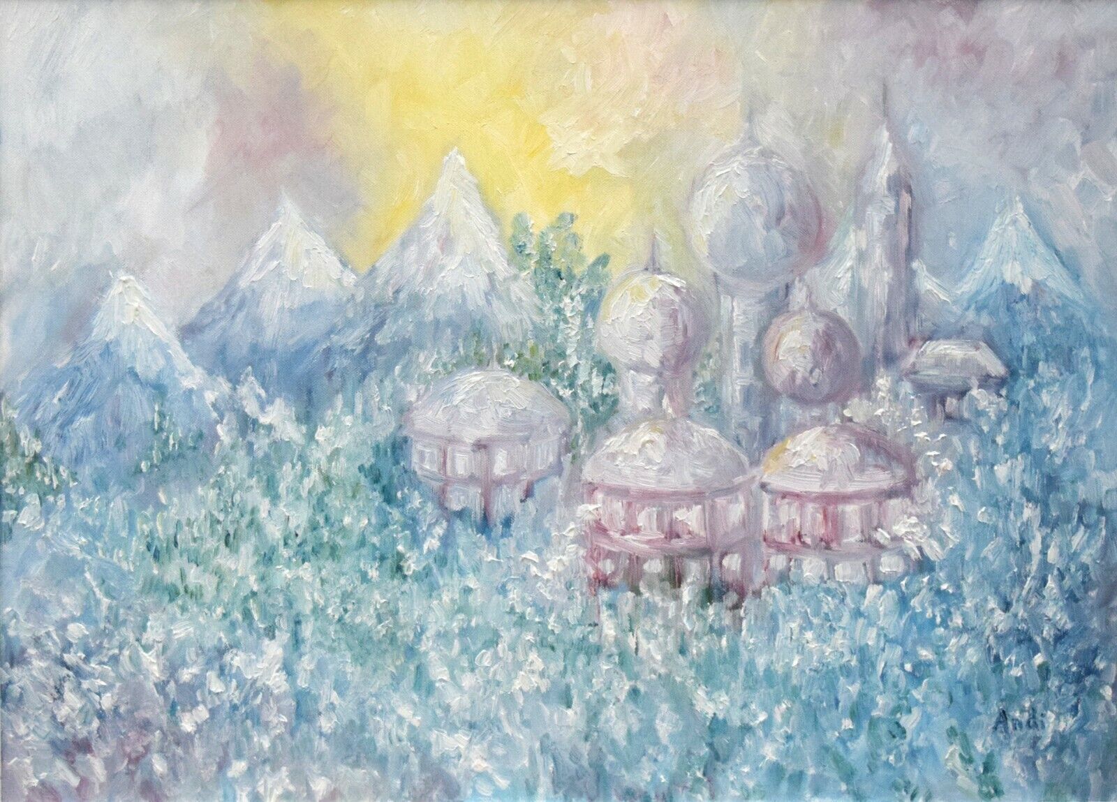 Fantasy Palace Snow Mountains Landscape Framed Original Oil Painting Andi Lucas photo furniture