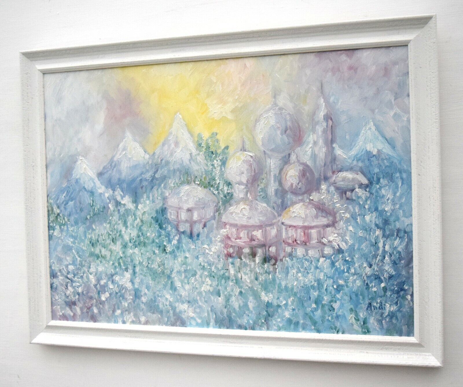 Fantasy Palace Snow Mountains Landscape Framed Original Oil Painting Andi Lucas photo Art