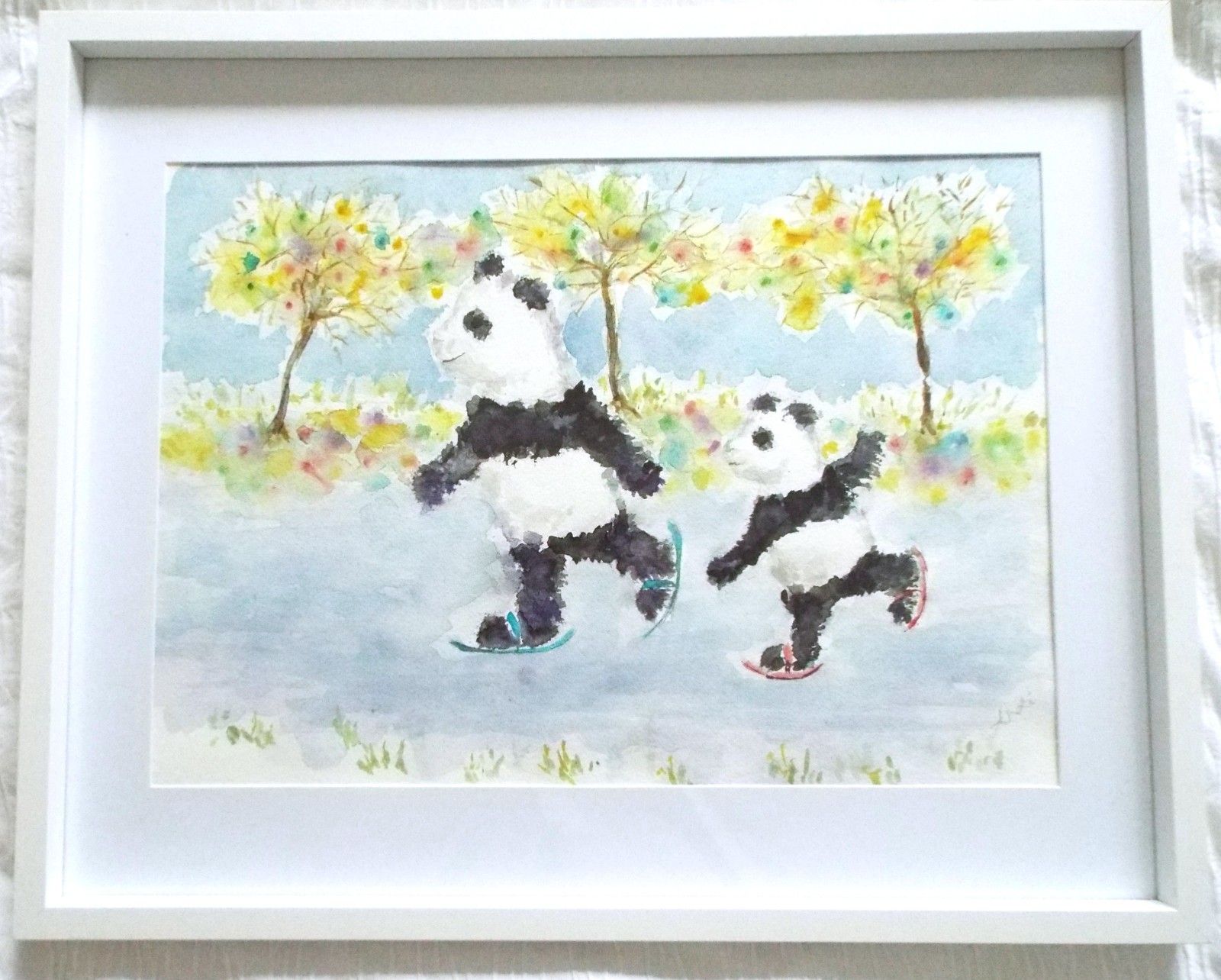 Skating Pandas Cubs Cute Original Watercolour Framed Painting Andi  J Lucas photo furniture