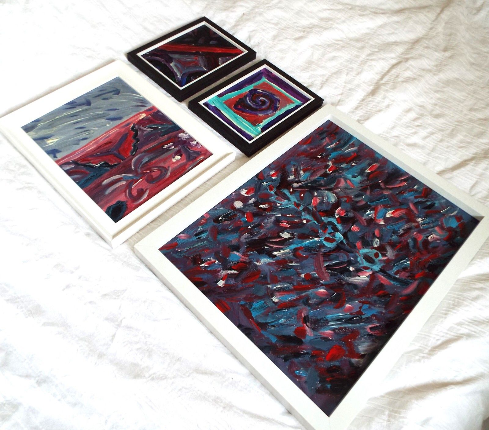 Set Of 4 New Original Abstract Framed Paintings Red Purple Blue Fraser Lucas photo vinterior