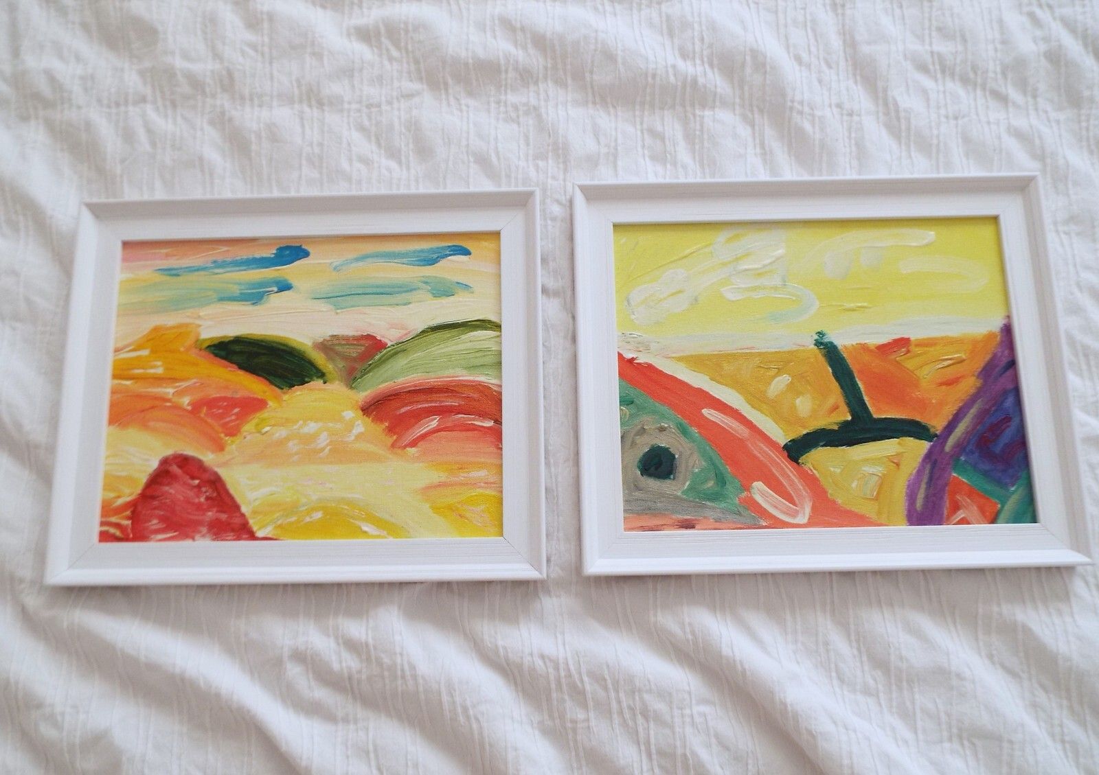 Pair Of New Original Abstract Yellow Landscape Framed Paintings Fraser Lucas photo buy