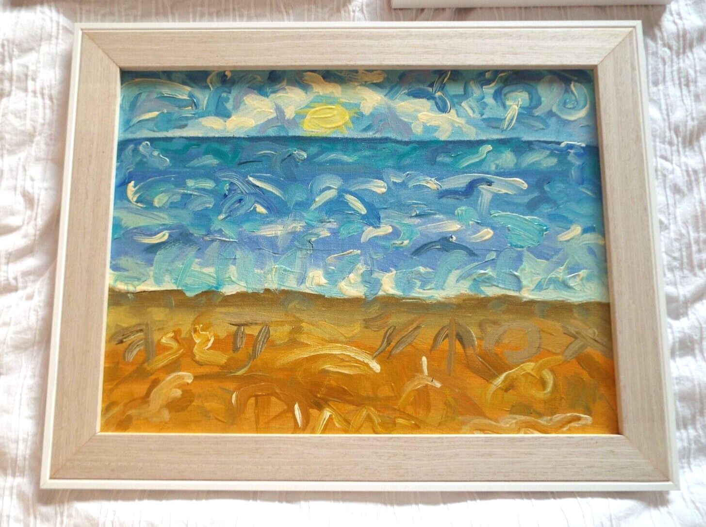 Set Of 3 New Original Abstract Framed Painting Coastal Beach Theme Fraser Lucas photo Art