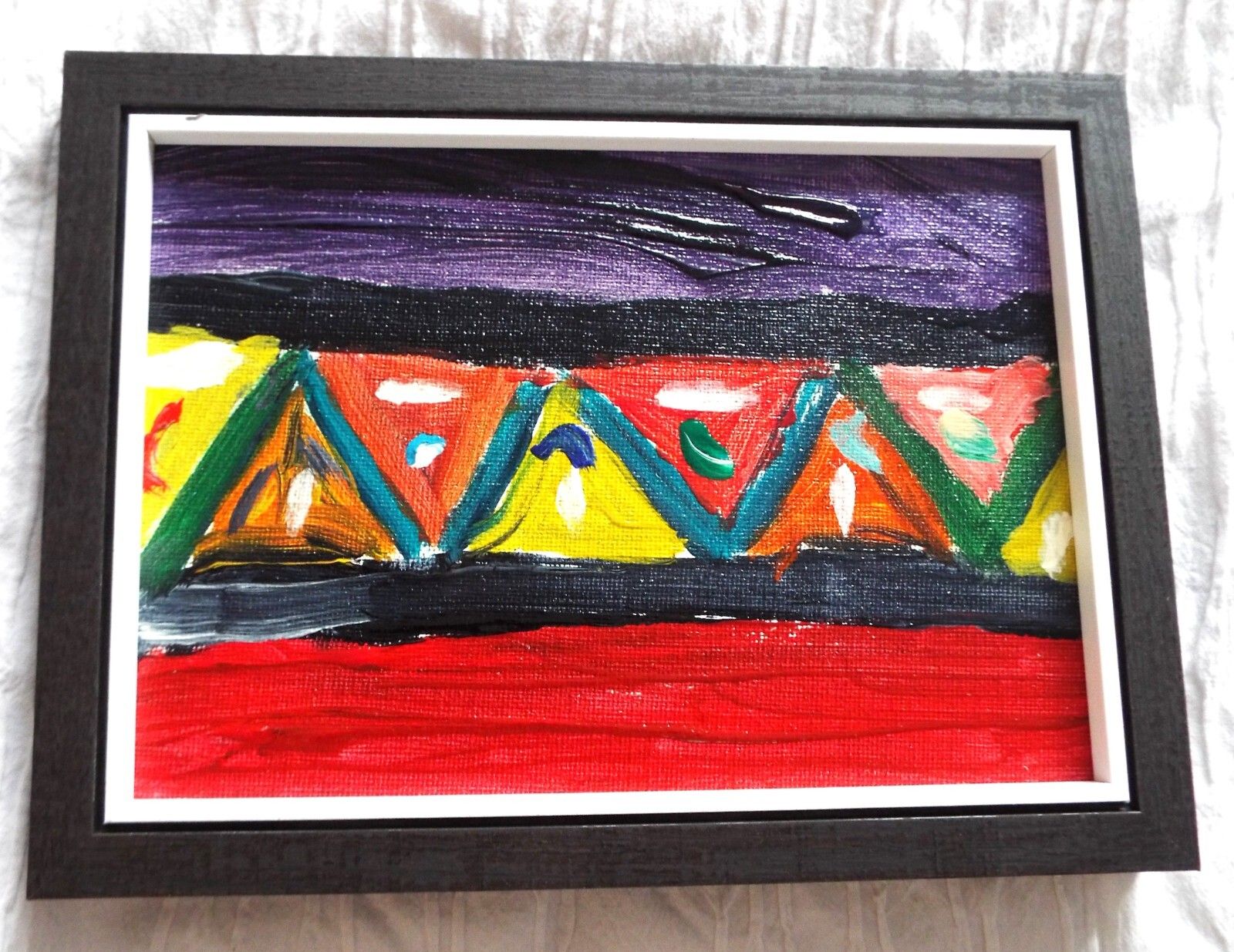 Set Of 3 New Original Abstract Framed Paintings Purple Yellow Red Fraser Lucas photo Art
