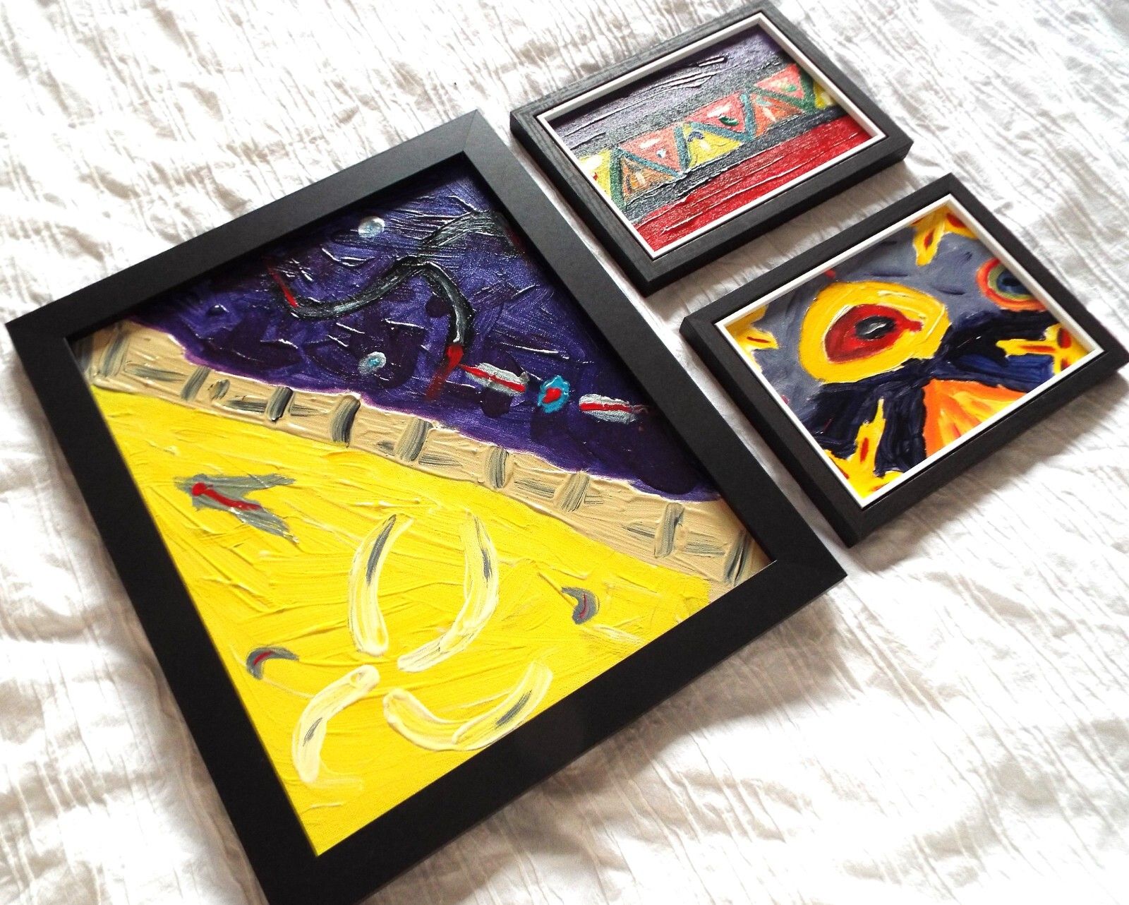 Set Of 3 New Original Abstract Framed Paintings Purple Yellow Red Fraser Lucas photo vinterior