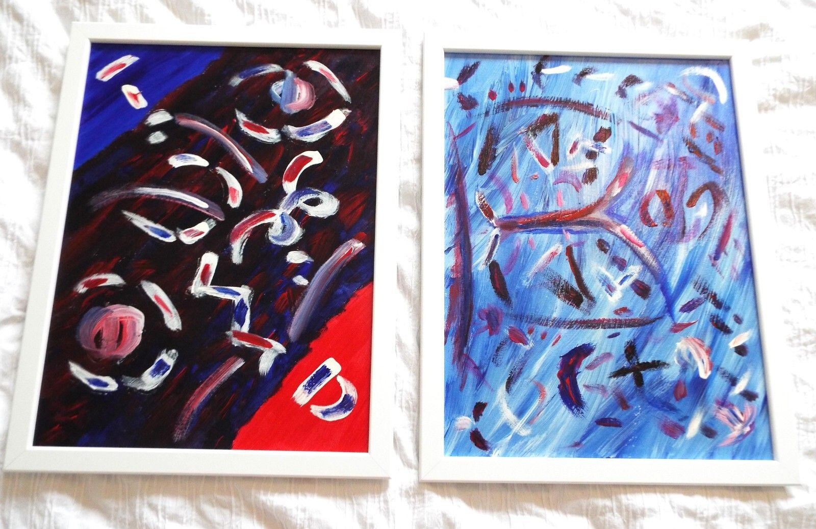 Pair Of New Original Abstract Framed Paintings Blue Red Fraser Lucas photo Art