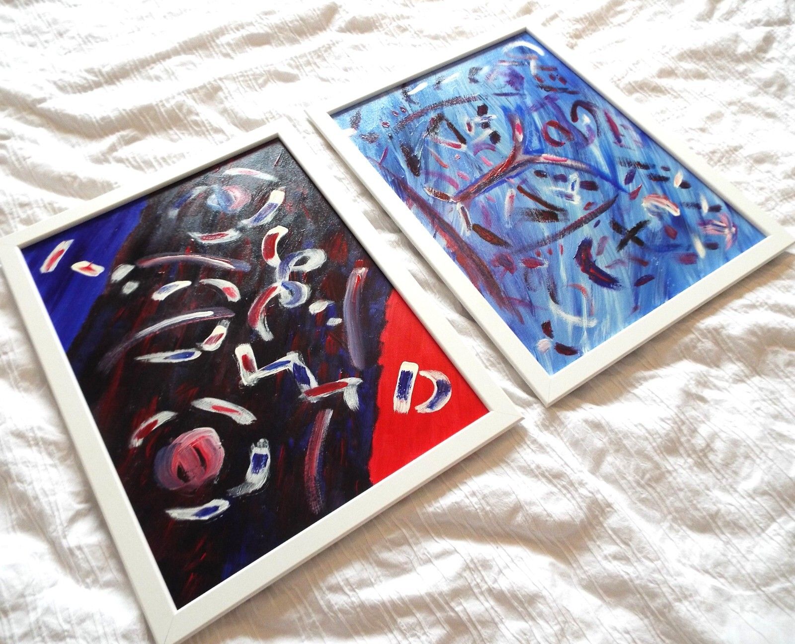Pair Of New Original Abstract Framed Paintings Blue Red Fraser Lucas photo vinterior