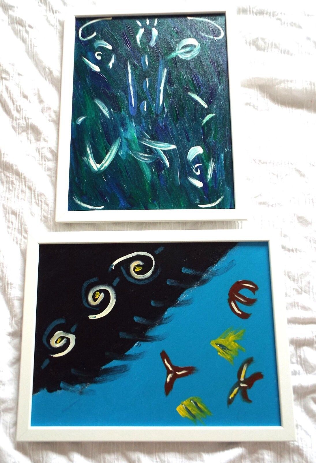 Pair Of New Original Abstract Framed Paintings Blue Turquoise Fraser Lucas
