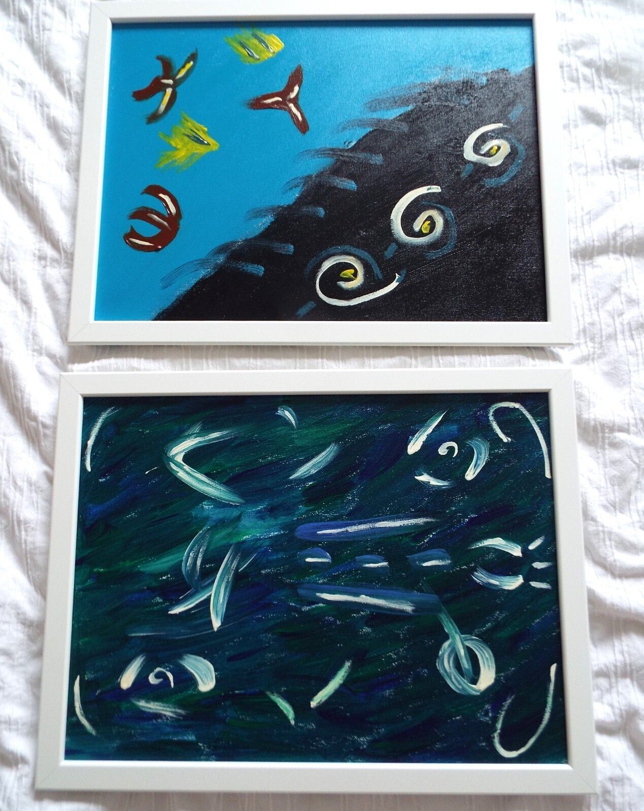 Pair Of New Original Abstract Framed Paintings Blue Turquoise Fraser Lucas photo 64.0