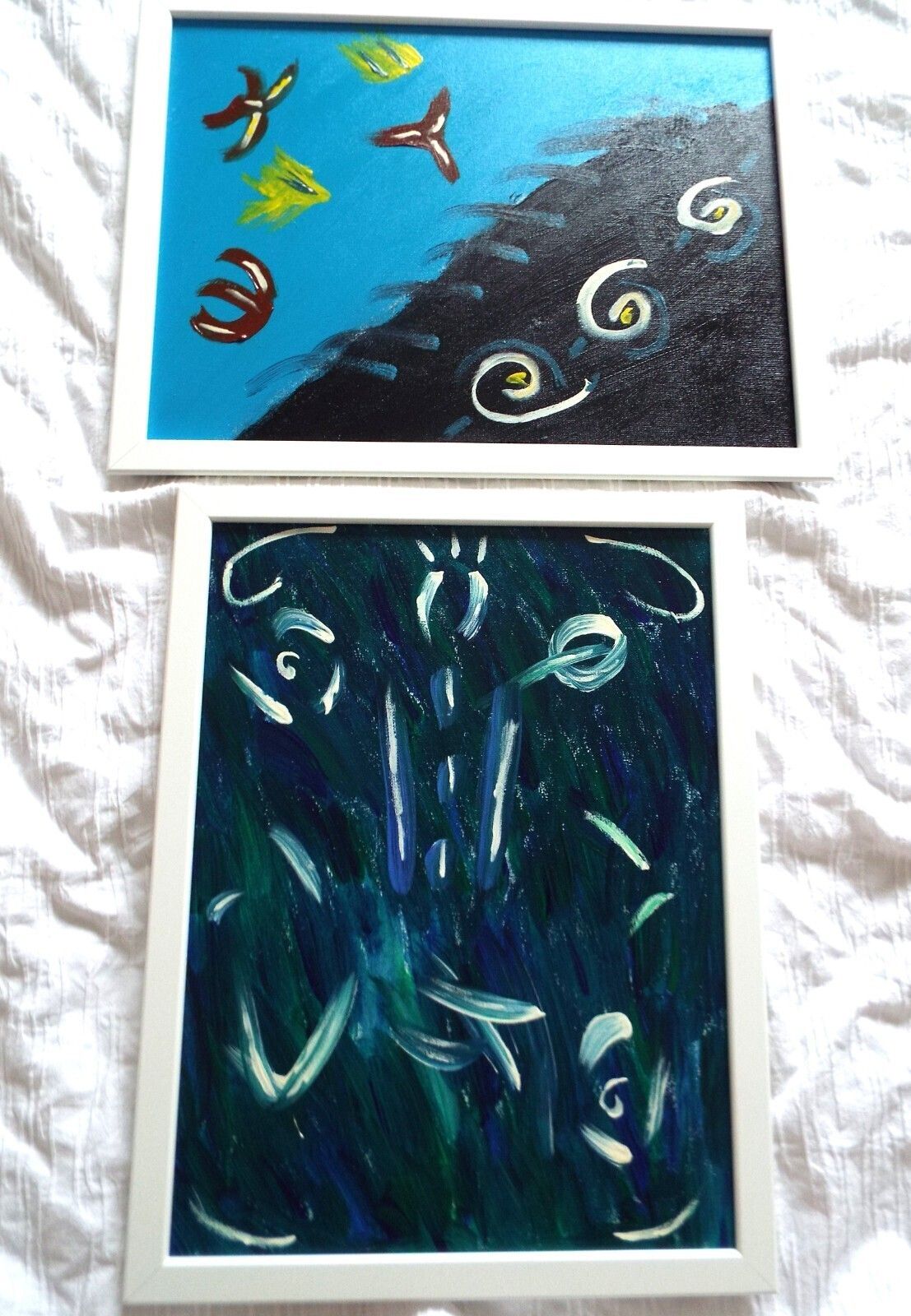 Pair Of New Original Abstract Framed Paintings Blue Turquoise Fraser Lucas photo vinterior