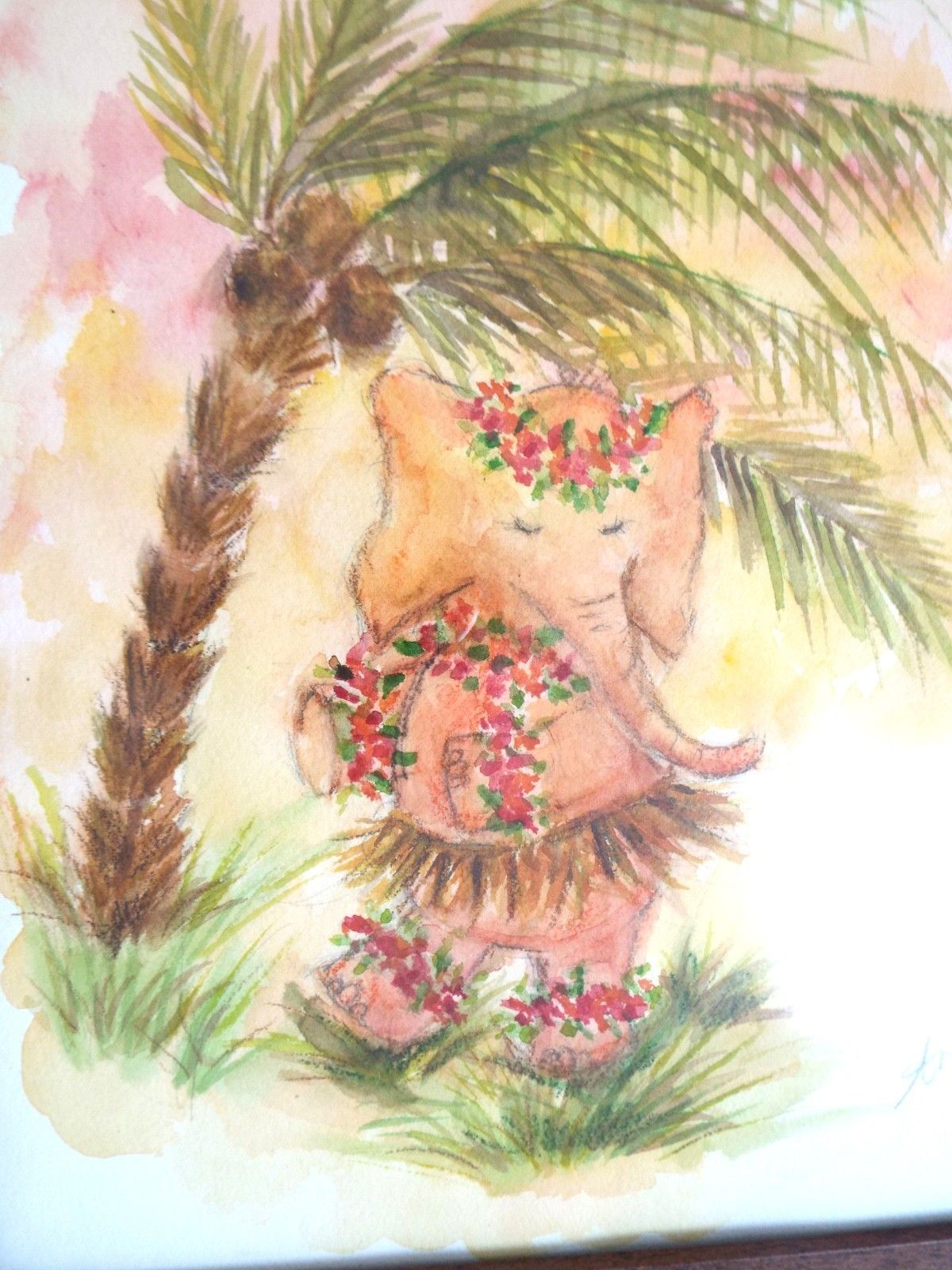 Hawaiian Hula Elephant Illustration Cute Original Watercolor Painting Andi Lucaa photo for sale