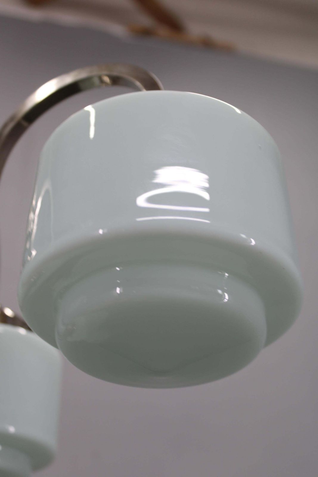 photo for sale Art Deco Nickel Chandelier With Cylindrical Light Opaline Shades, Czechoslovakia
