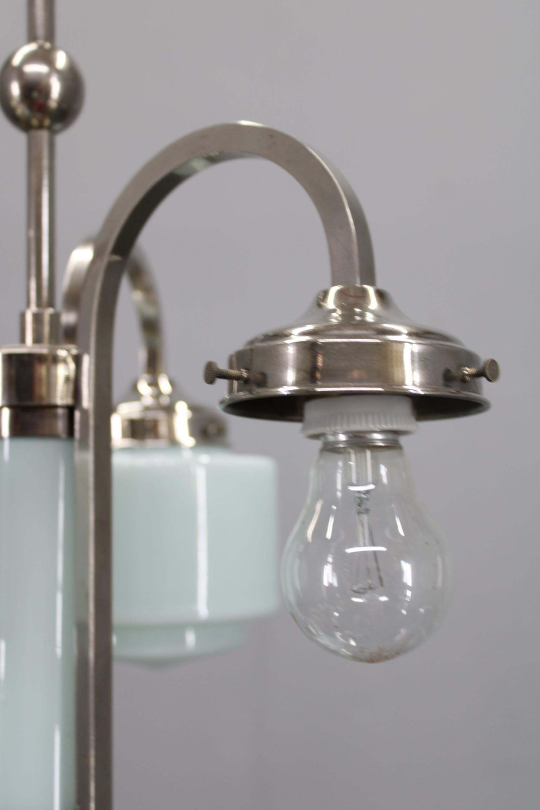 photo vinterior Art Deco Nickel Chandelier With Cylindrical Light Opaline Shades, Czechoslovakia