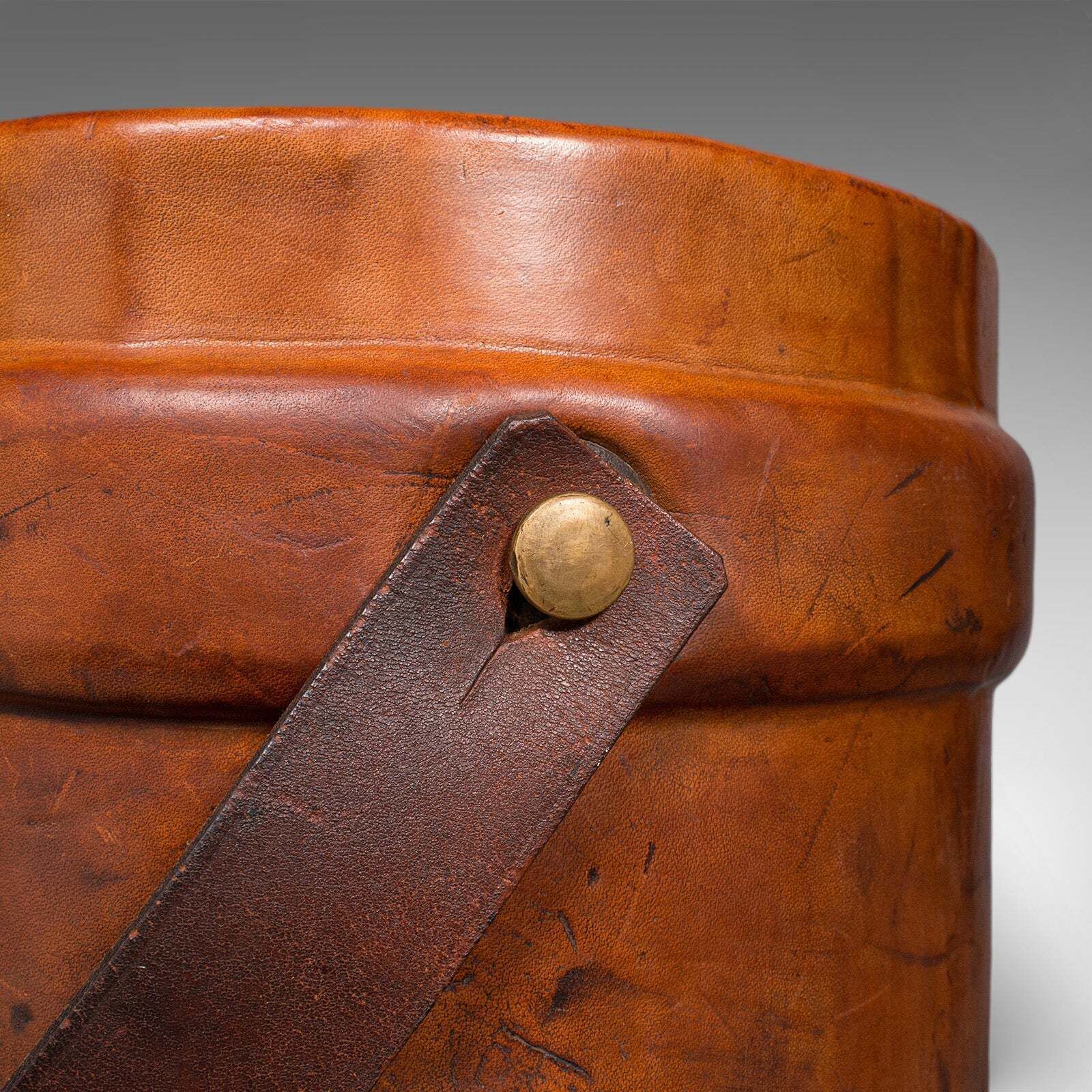photo for sale Vintage Drawing Room Waste Paper Basket, English, Leather Study Bin, Mid Century