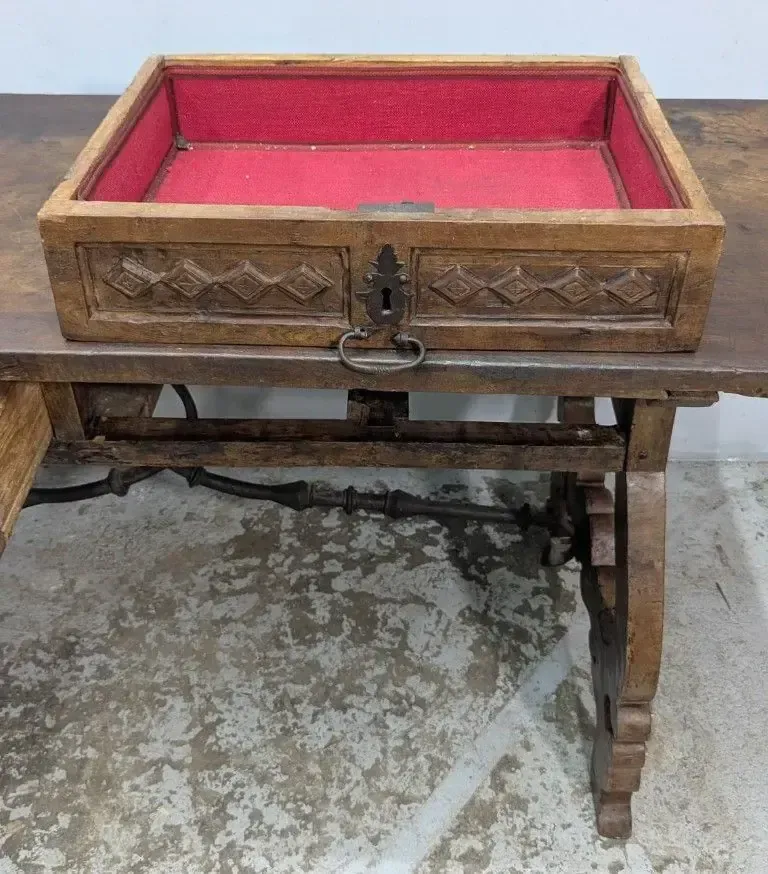 photo furniture 18th Century Period Walnut Desk With A Wrought Iron Crossbar