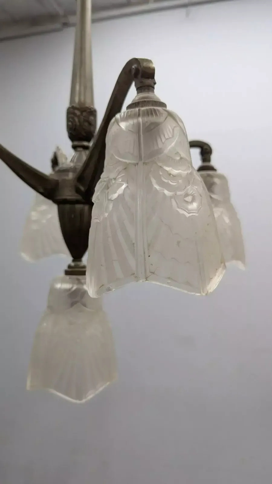 1930s Art Deco Silvered Bronze Chandelier With Molded Glass Tulip Shades photo for sale