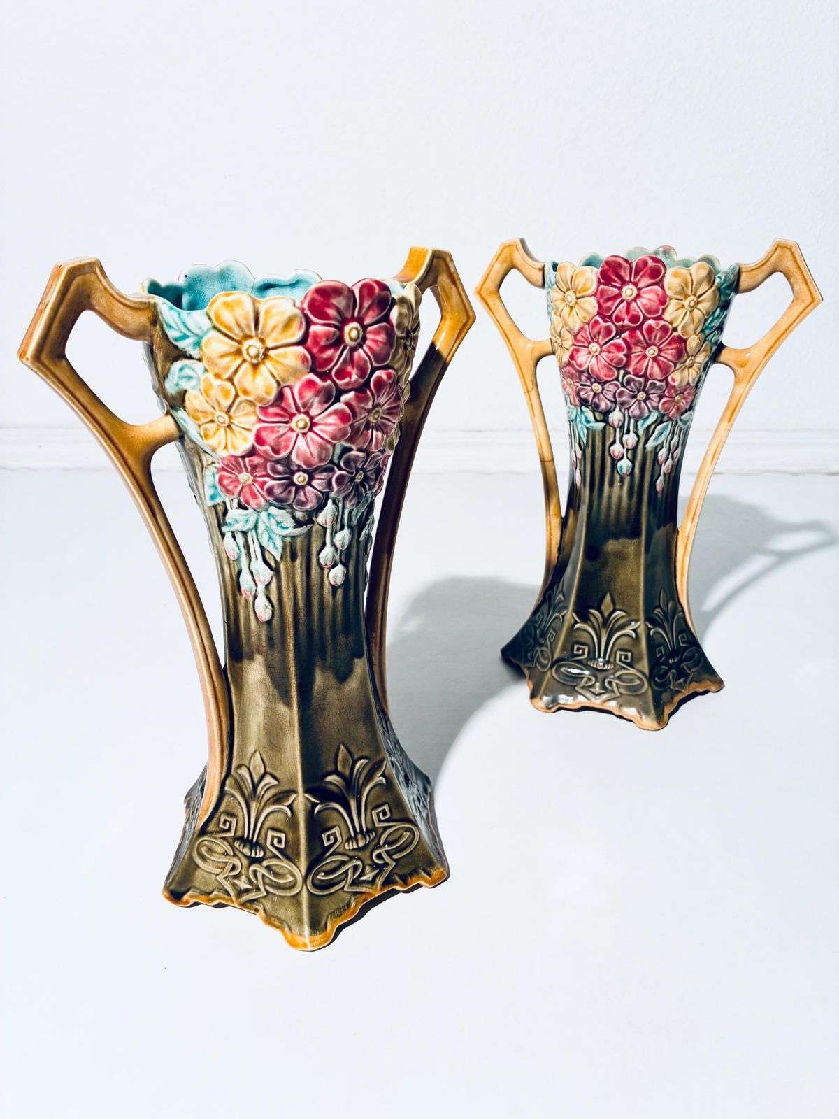 Two Art Nouveau Frie Onnaing Pansy Floral Motif Ceramic Vases / 1900s French Majolica / 785 photo Home Decor