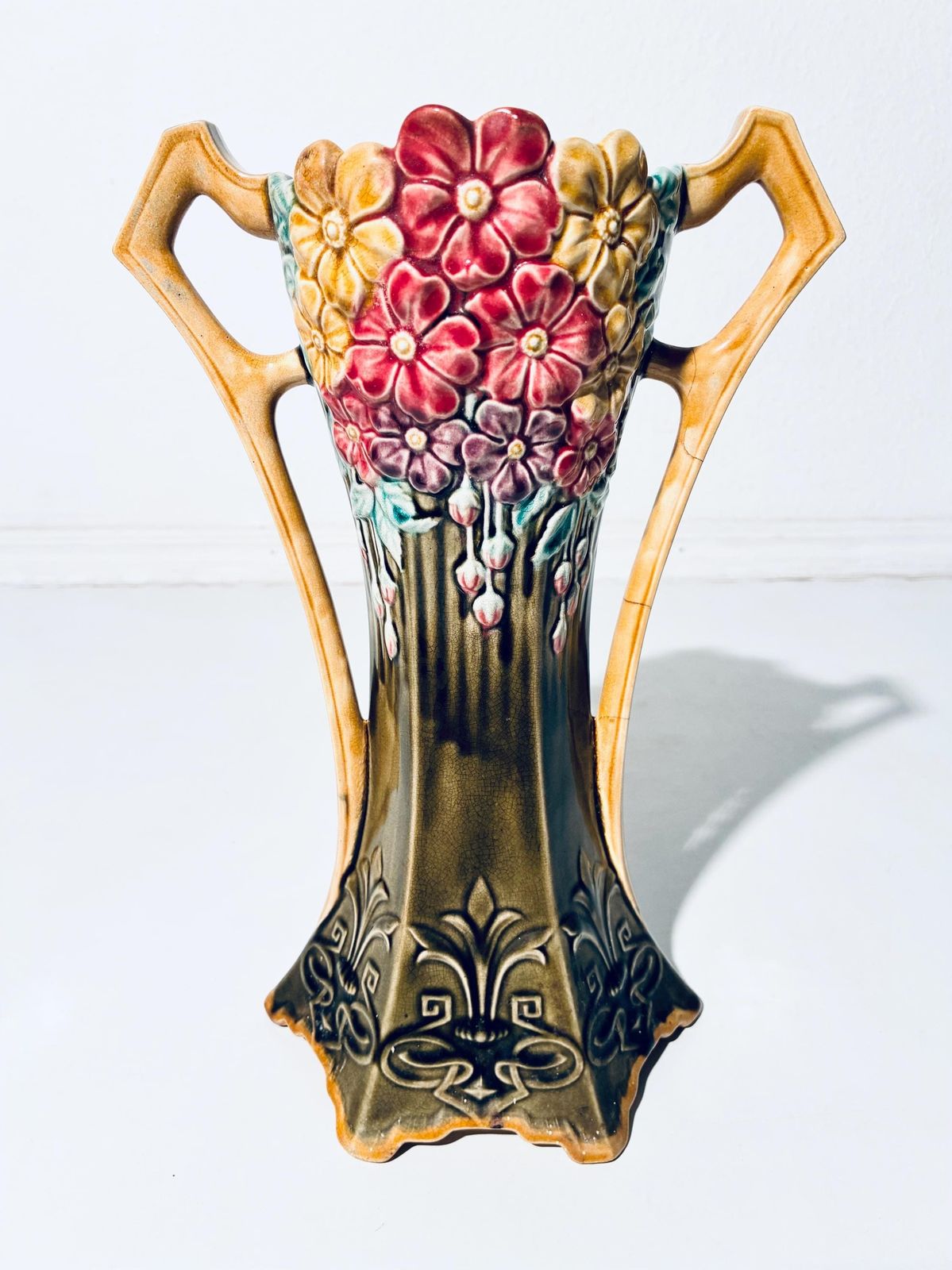 Two Art Nouveau Frie Onnaing Pansy Floral Motif Ceramic Vases / 1900s French Majolica / 785 photo 656.0