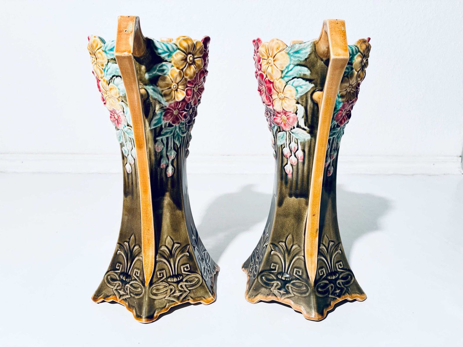 Two Art Nouveau Frie Onnaing Pansy Floral Motif Ceramic Vases / 1900s French Majolica / 785 photo vinterior