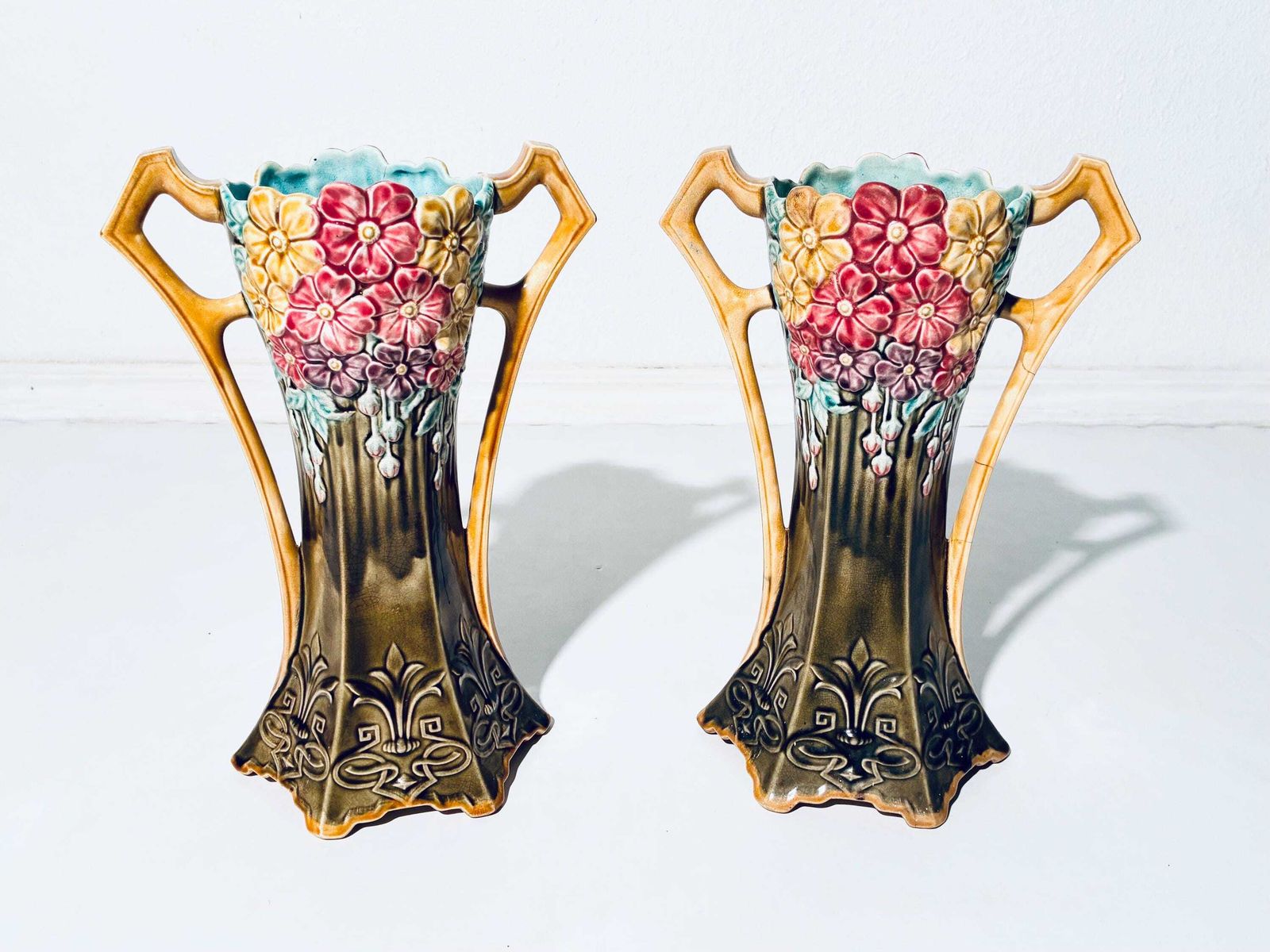 Two Art Nouveau Frie Onnaing Pansy Floral Motif Ceramic Vases / 1900s French Majolica / 785 photo buy