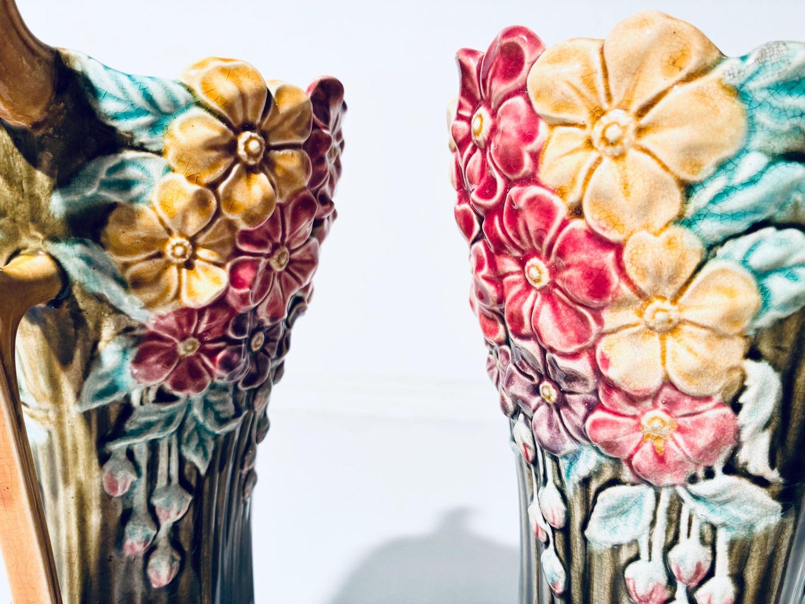 Two Art Nouveau Frie Onnaing Pansy Floral Motif Ceramic Vases / 1900s French Majolica / 785 photo vintage