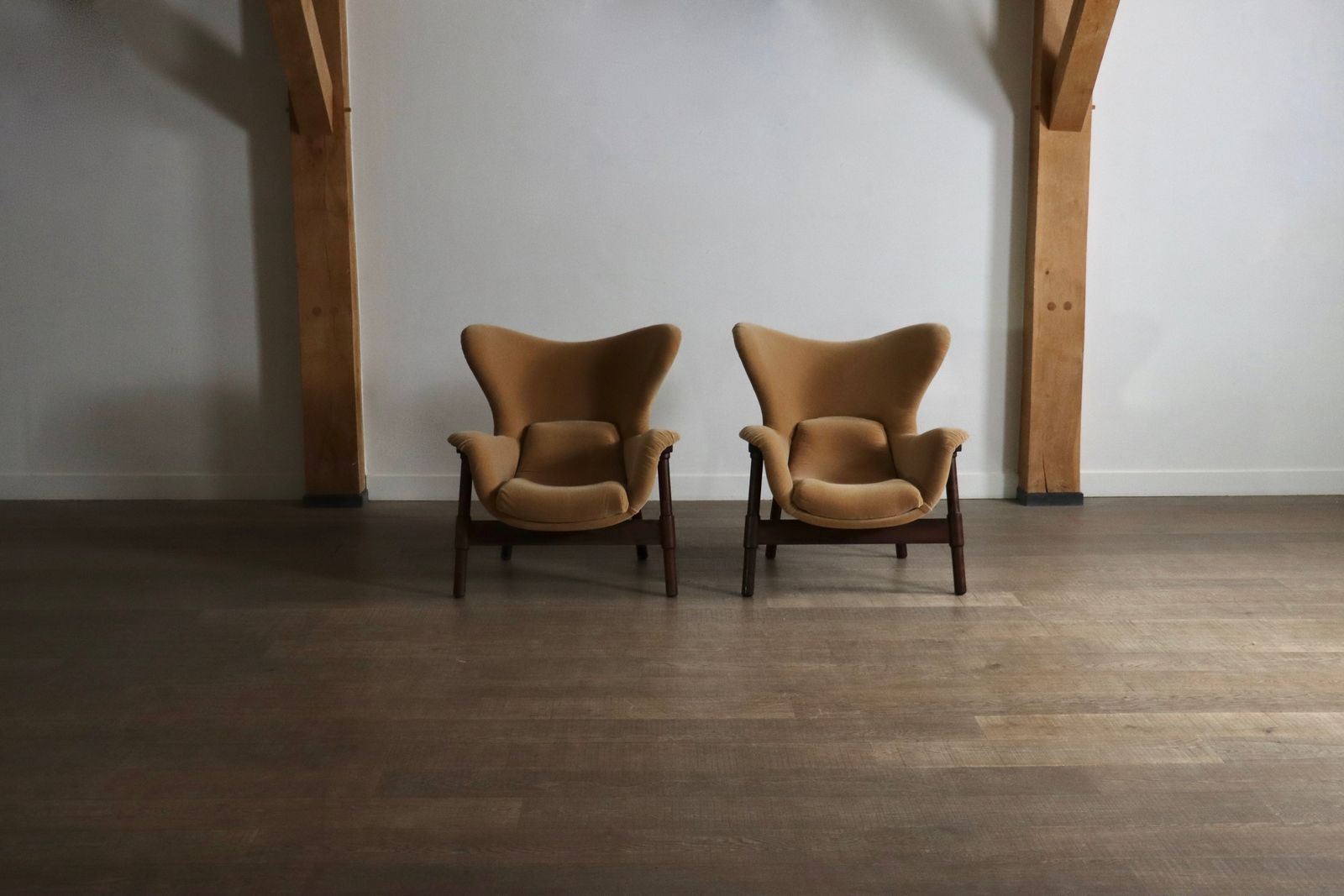 photo for sale Pair Of Sculptural Lounge Chairs In Mohair And Rosewood, Italy 1950s