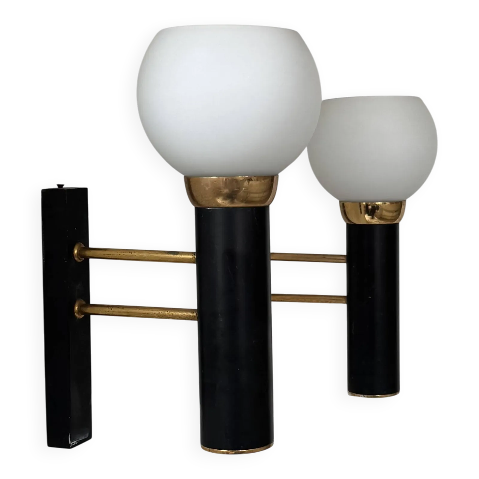 Pair Of Vintage Wall Lights, Opaline Brass And Matte Black Metal, France, 1950