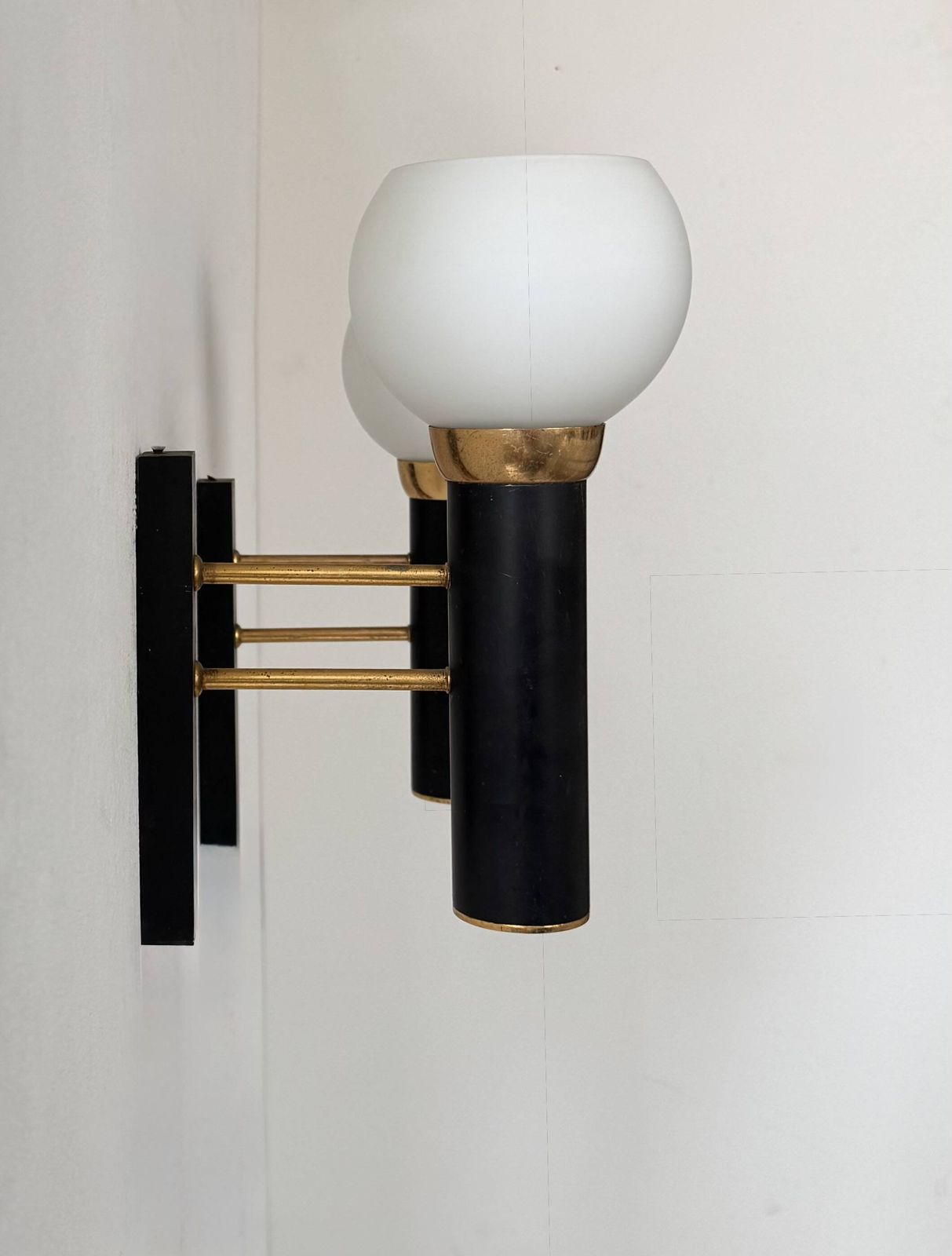 Pair Of Vintage Wall Lights, Opaline Brass And Matte Black Metal, France, 1950 photo furniture