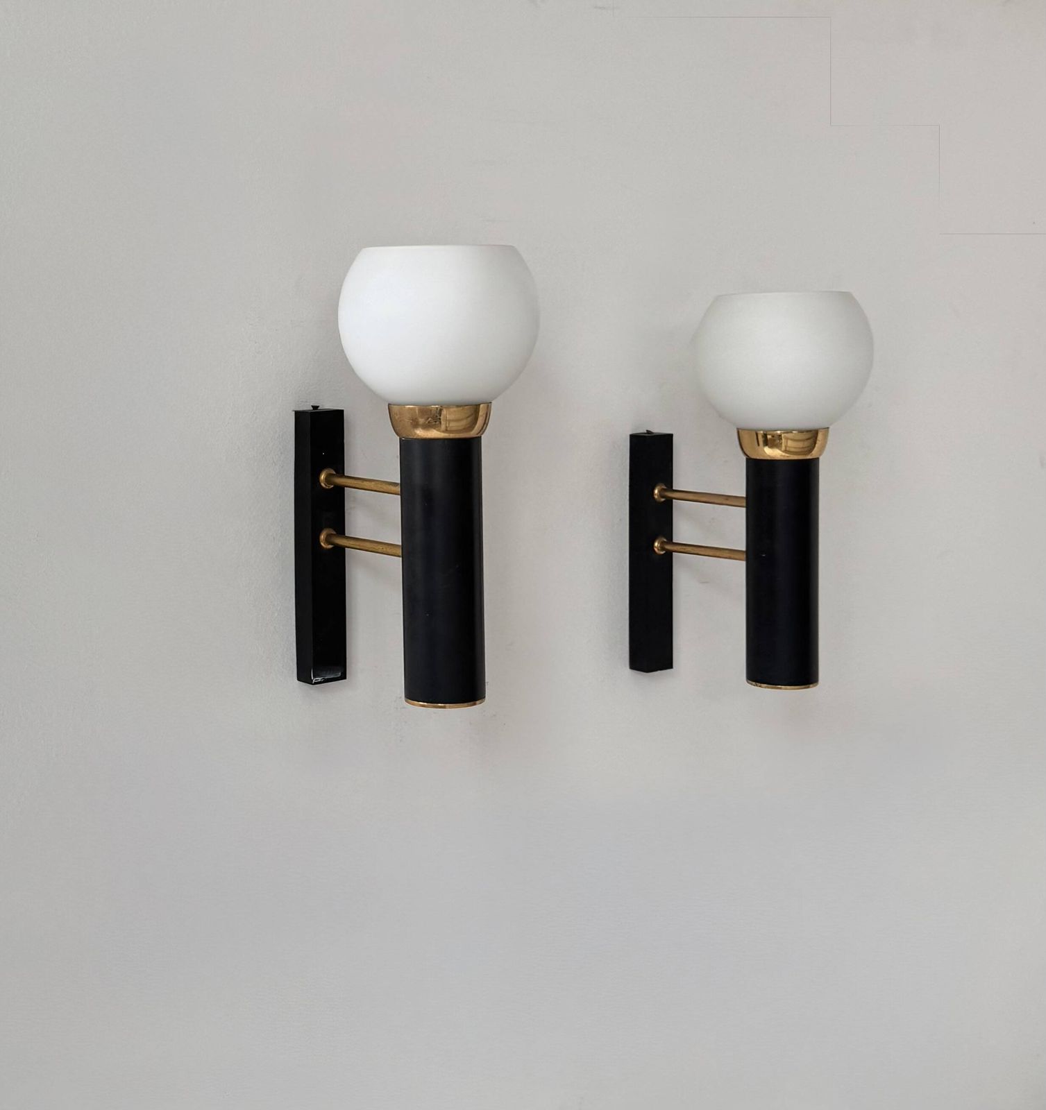 Pair Of Vintage Wall Lights, Opaline Brass And Matte Black Metal, France, 1950 photo vintage