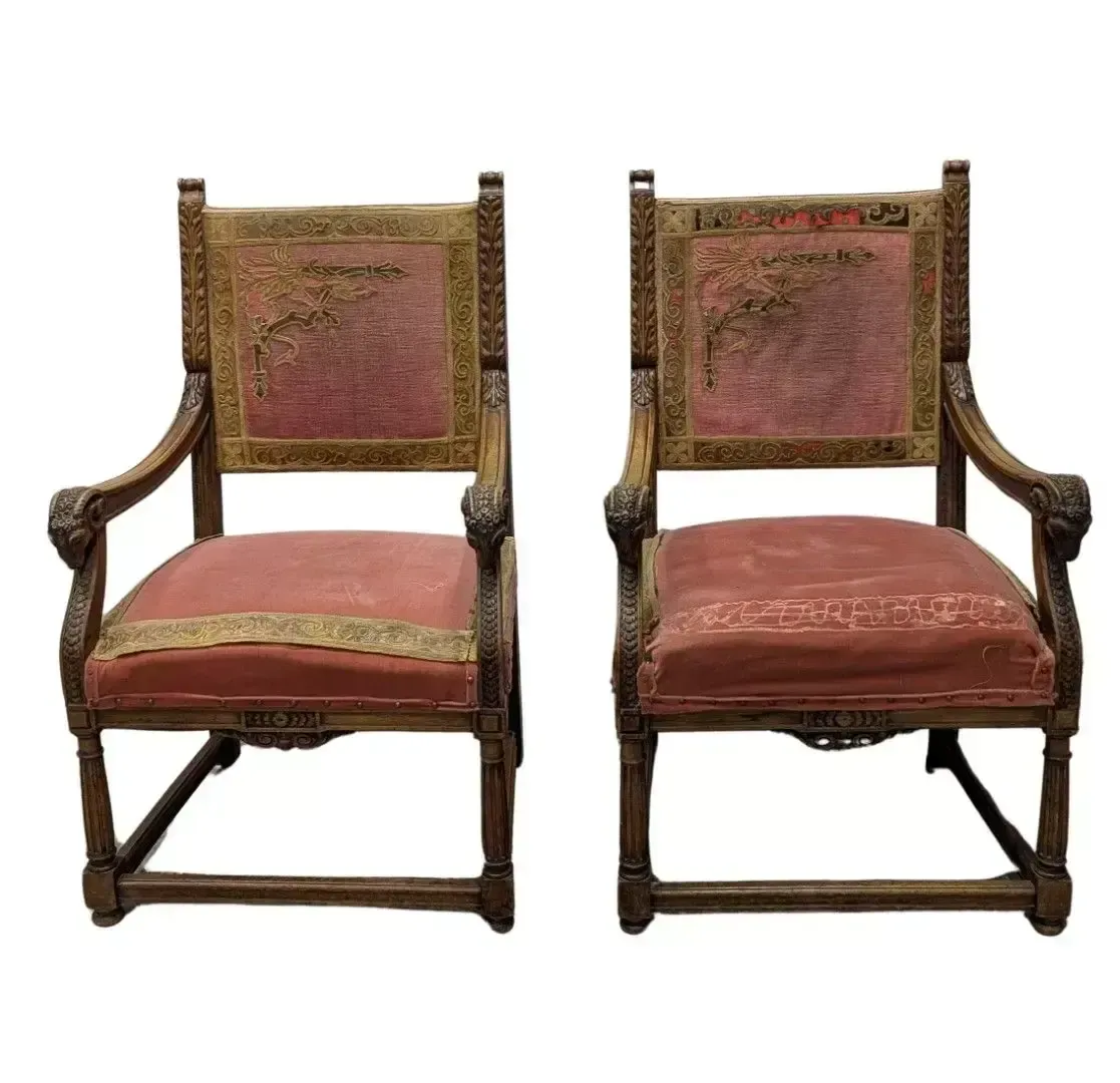 Pair Of Renaissance Style Walnut Armchairs Decorated With Rams' Heads