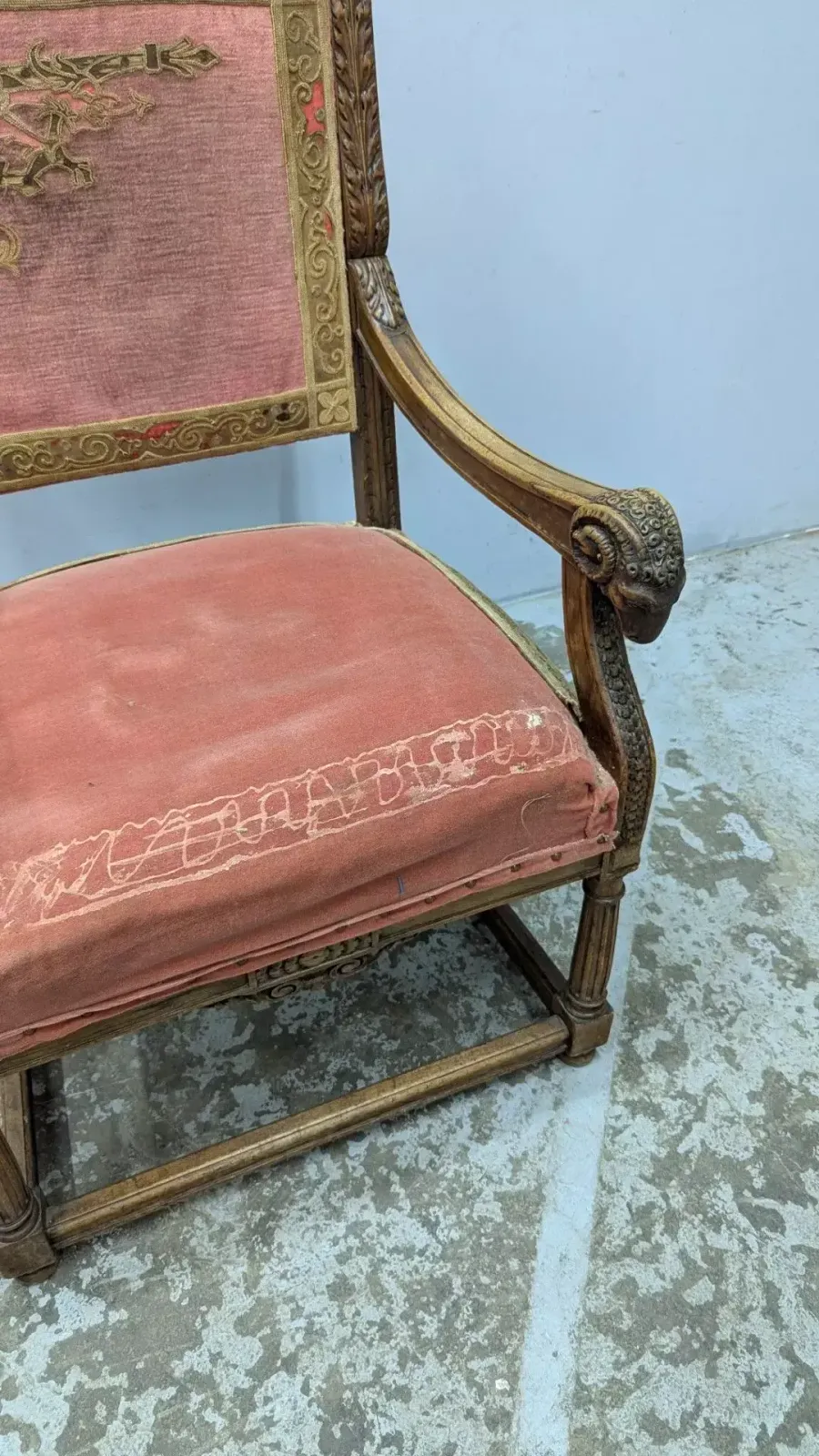 Pair Of Renaissance Style Walnut Armchairs Decorated With Rams' Heads photo vintage