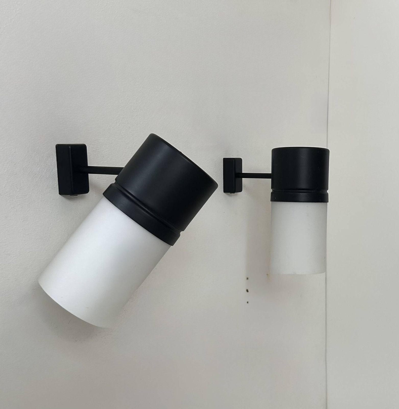 Pair Of Vintage Adjustable Wall Lights, Matte Black Metal And Opaline France 1950 photo for sale