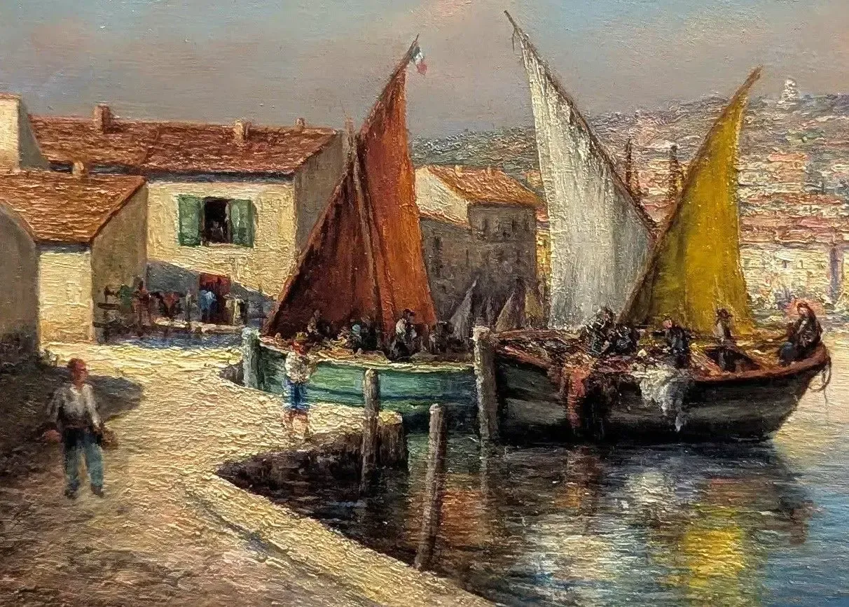 Oil Painting On Panel, Marine Scene Of The Port Of Toulon photo for sale