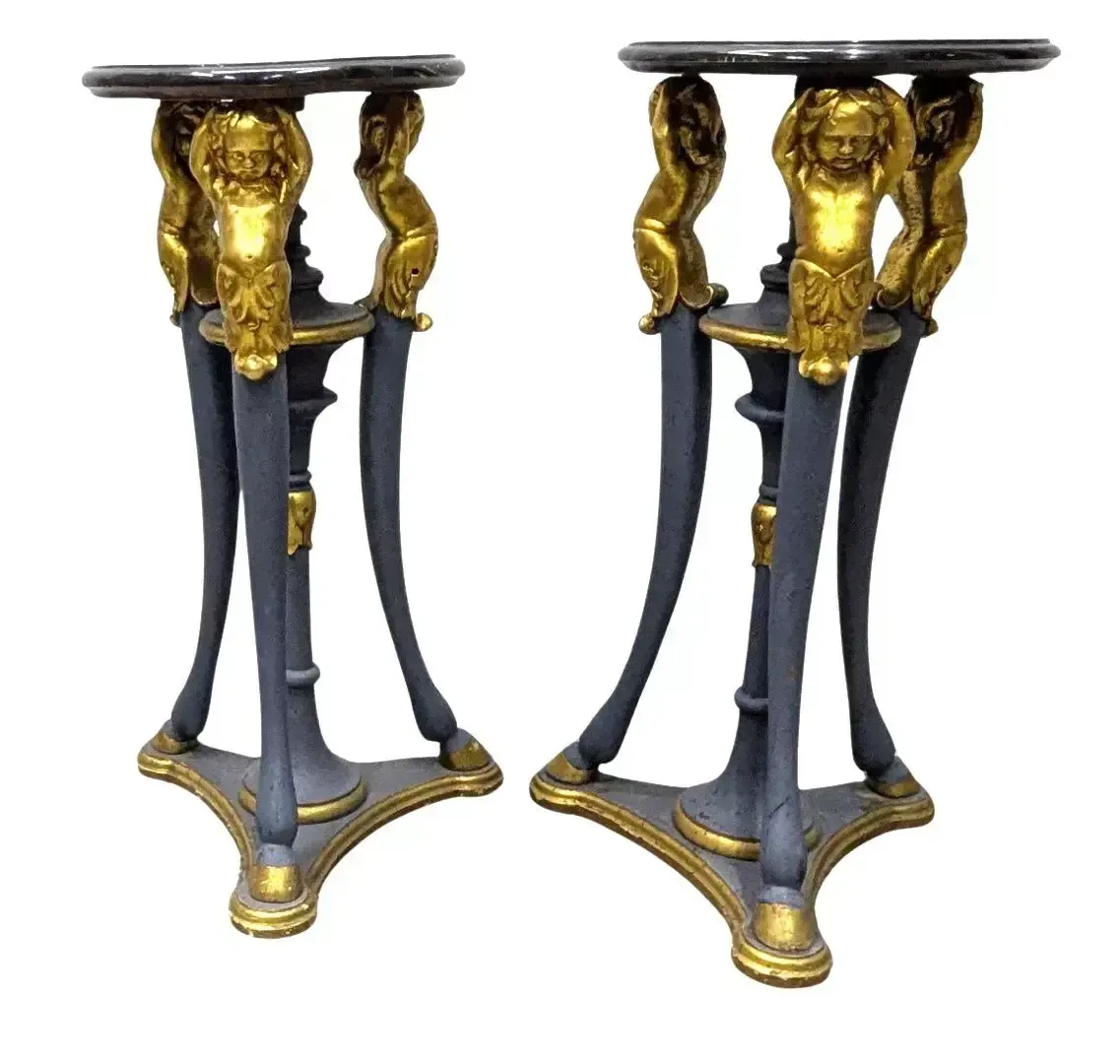 Pair Of Lacquered And Gilded Wooden Side Tables Decorated With Putti