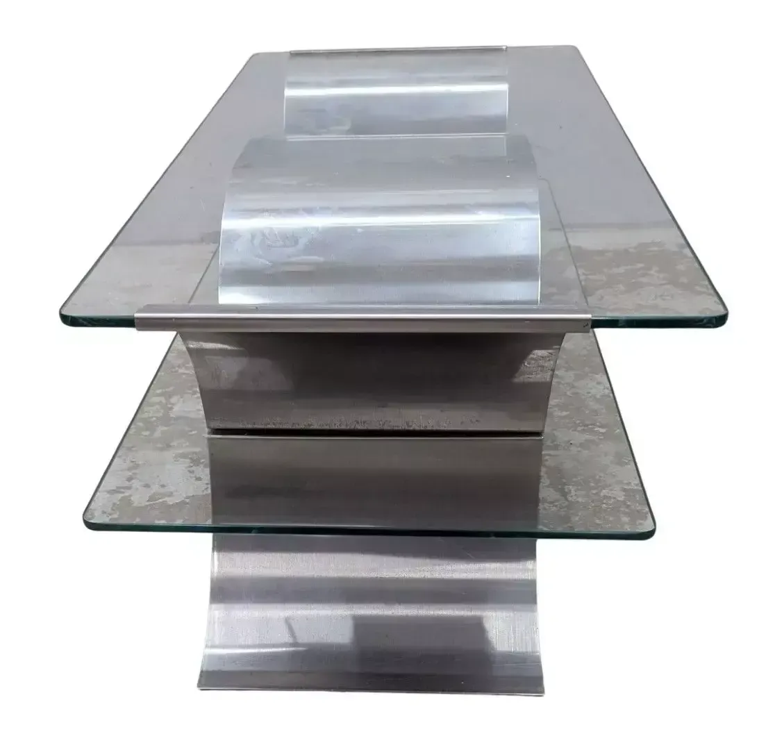 1980s Stainless Steel Folding Coffee Table With Two Tiers By François Monnet photo furniture