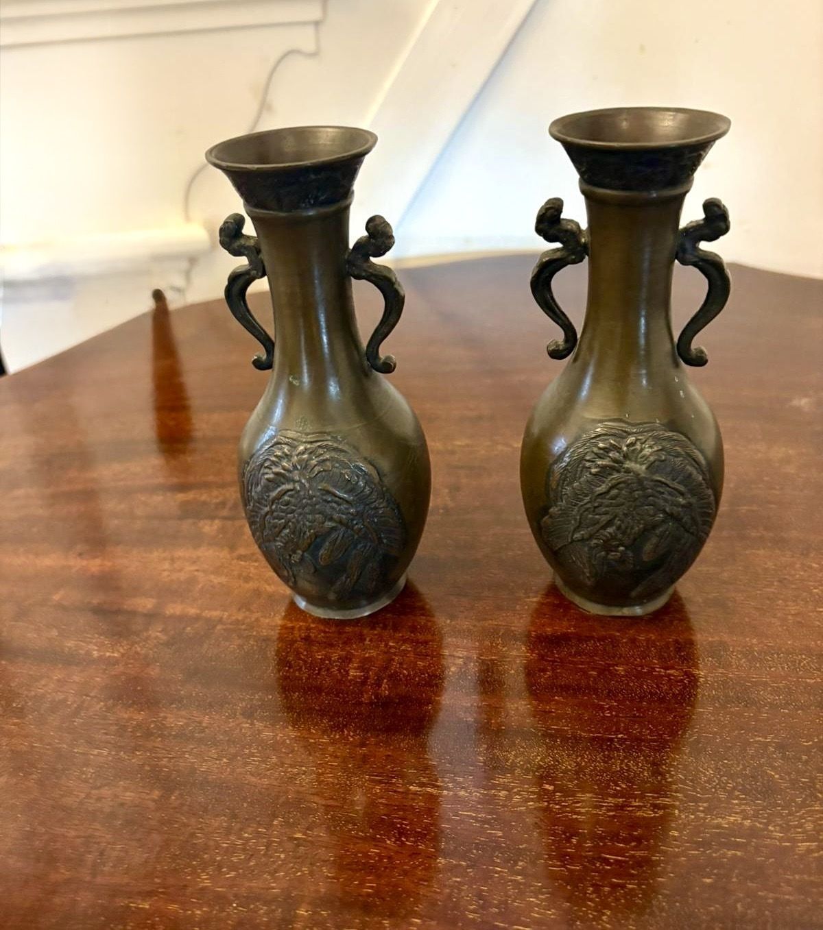Pair Of Antique Japanese Quality Meiji Bronze Vases