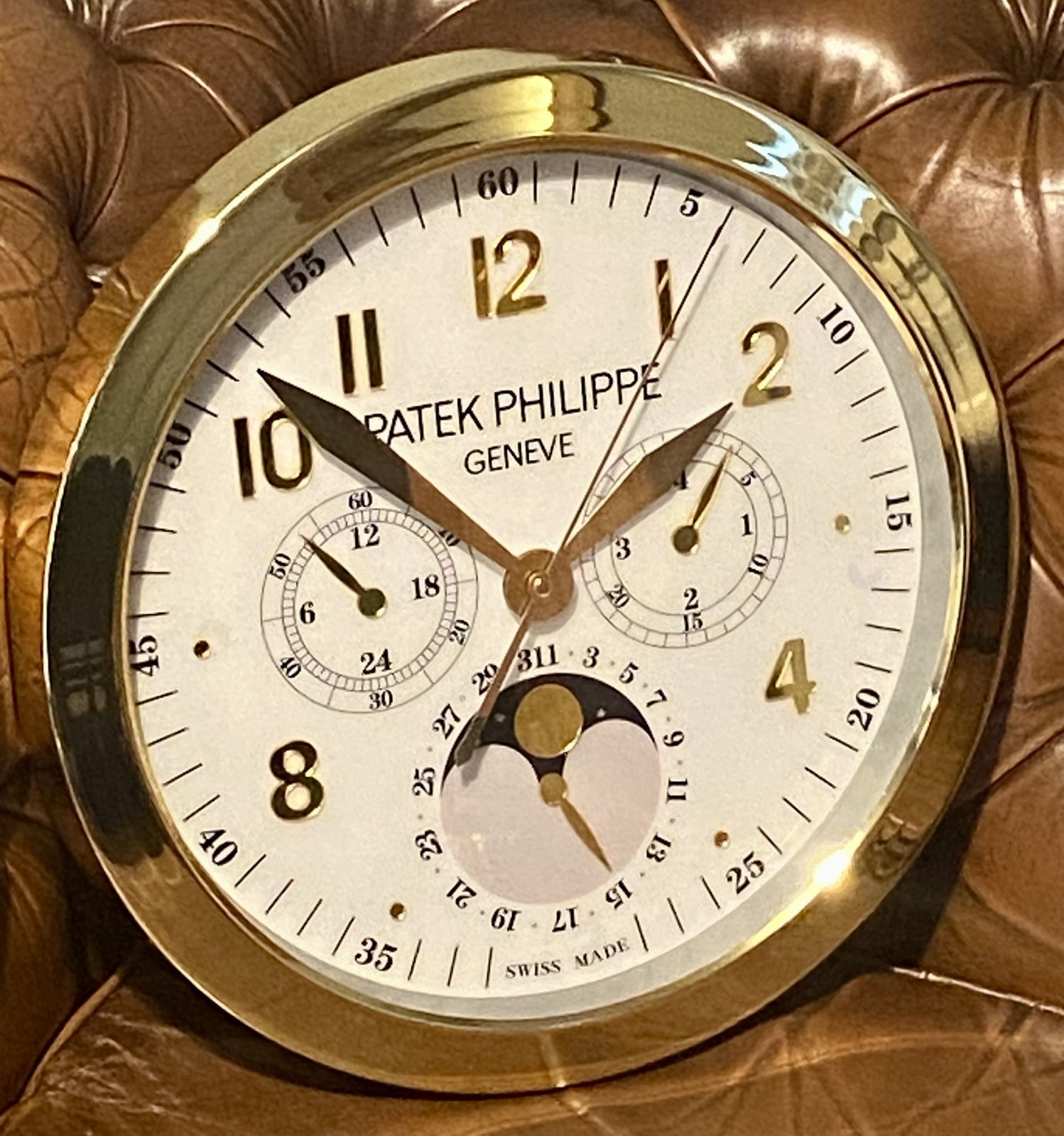 Patek Philippe Geneve Swiss Perpetual Calendar Chronograph Nautilus Dealer Promo Luxury Watch Shop Wall Clock Chronograph Timepiece 1st Dibbs Watch photo furniture