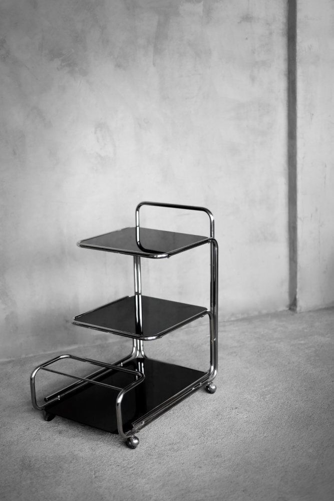 Vintage Mid Century Modern German Bauhaus Chrome & Glass Serving Trolley, 1960s photo Furniture