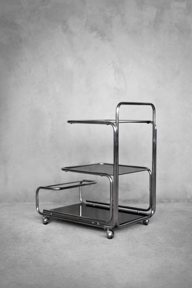 Furniture Vintage Mid Century Modern German Bauhaus Chrome & Glass Serving Trolley, 1960s photo