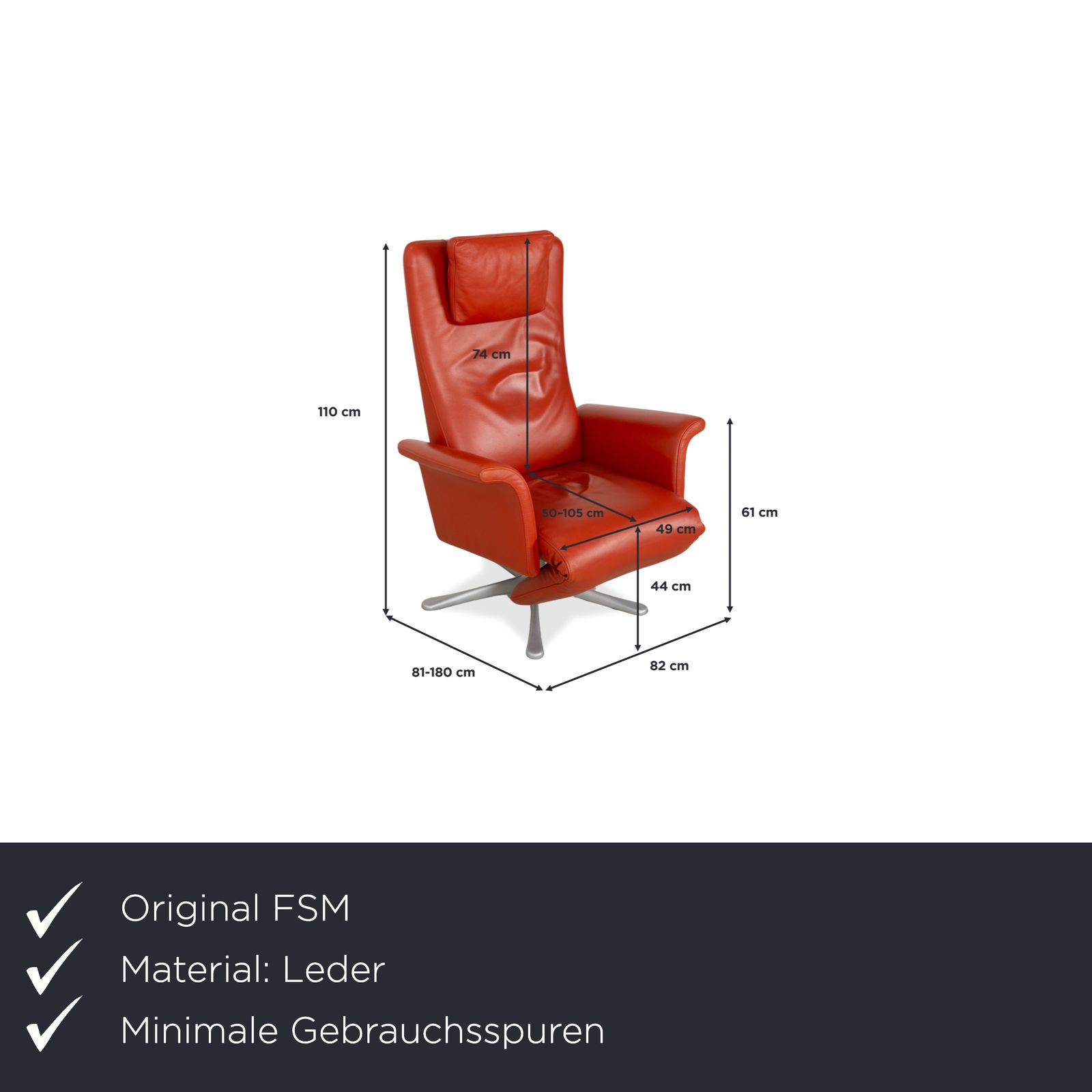 Fauteuil FSM Filou en cuir rouge orange terracotta, fonction manuelle photo furniture