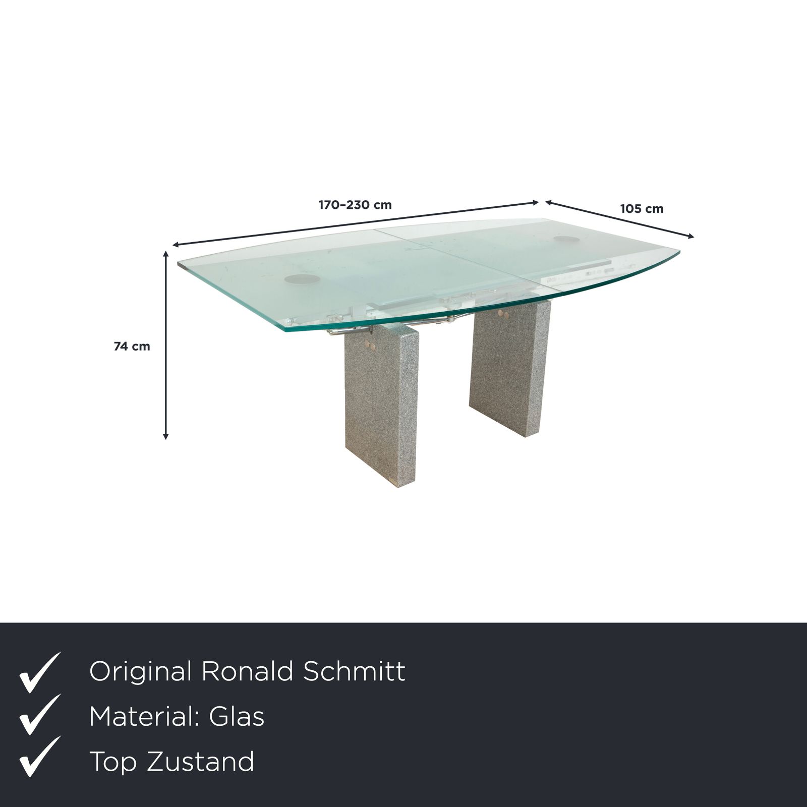 Table à manger Ronald Schmitt K5000/E en verre et granit argenté, fonction d'extension manuelle photo furniture