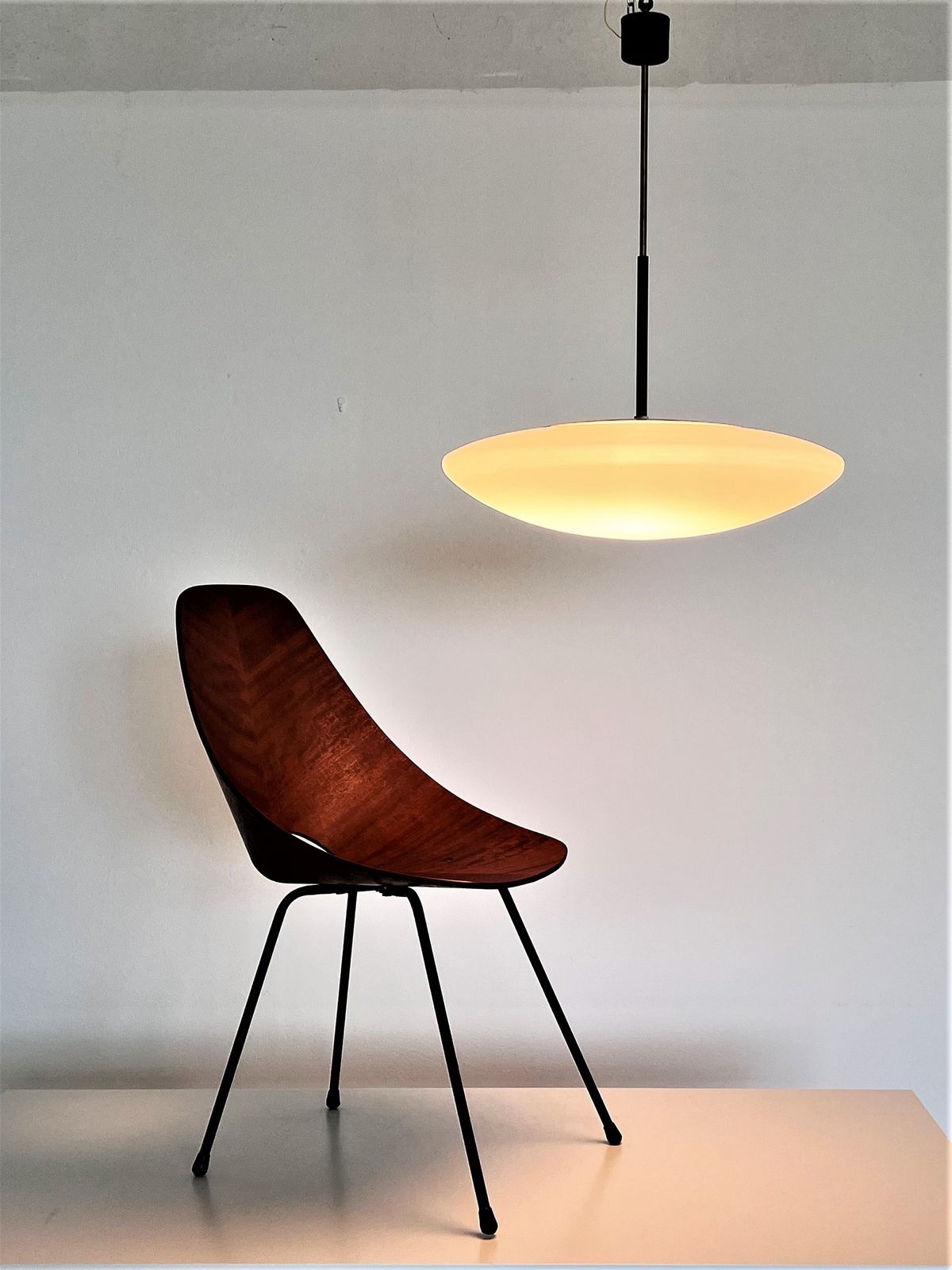 Italian Mid Century Stilnovo Opaline Glass And Brass Pendant Light , 1970s photo for sale