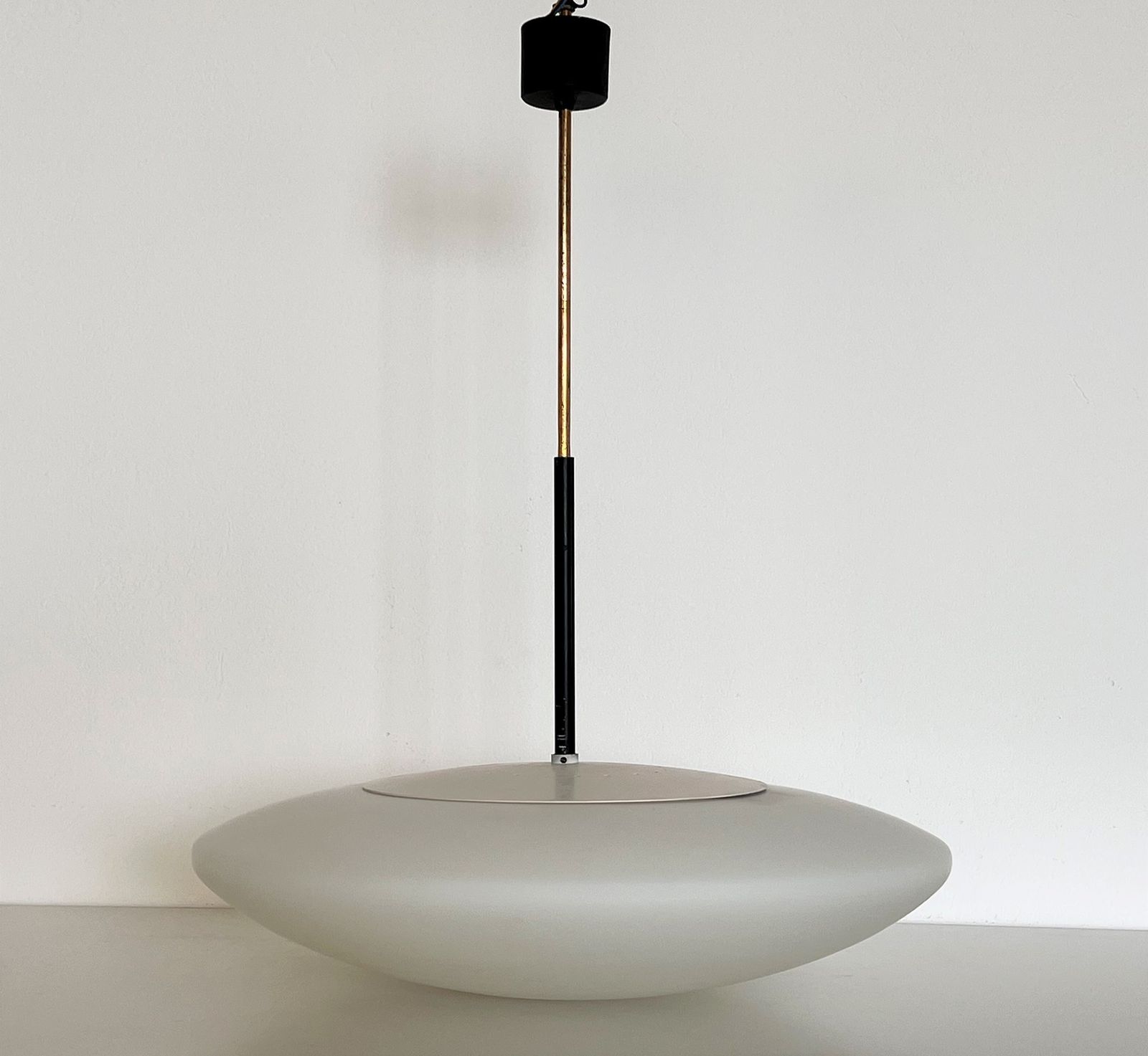 photo for sale Italian Mid Century Stilnovo Opaline Glass And Brass Pendant Light , 1970s