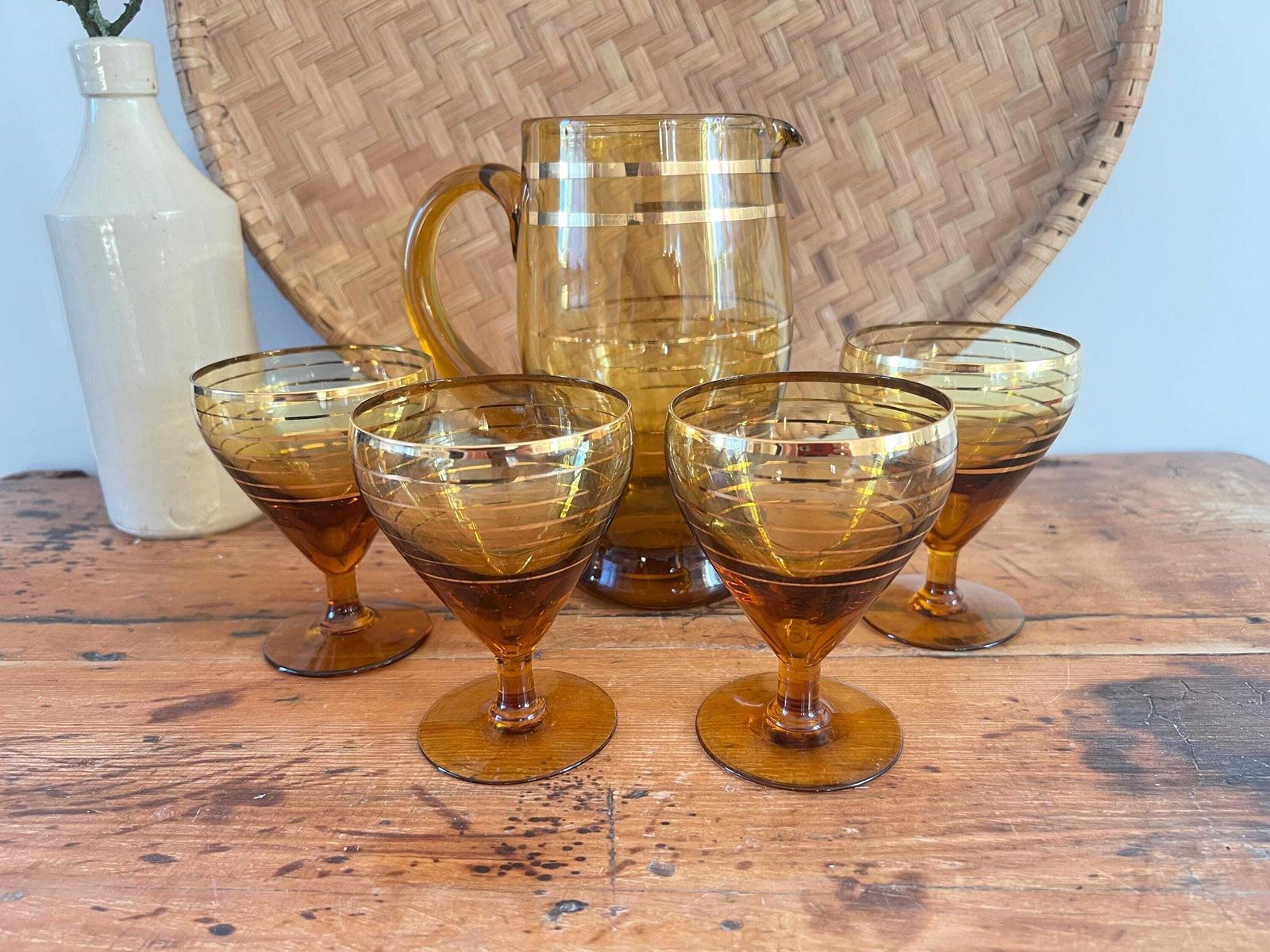 Mid Century Hand Blown Amber Glass Pitcher And 4 Stemware Set | Bohemian Smoke Glass Jug With Gold Banding | Vintage Czech Cocktail Barware photo furniture