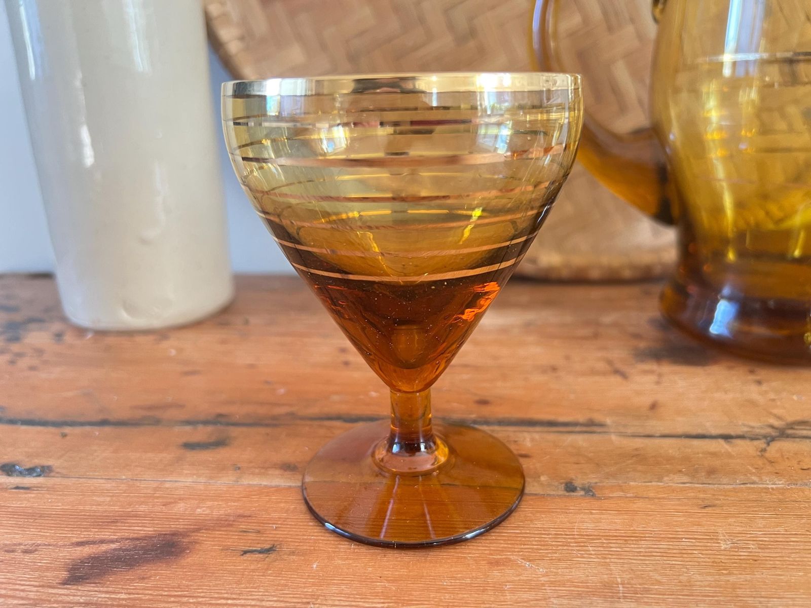 Mid Century Hand Blown Amber Glass Pitcher And 4 Stemware Set | Bohemian Smoke Glass Jug With Gold Banding | Vintage Czech Cocktail Barware photo for sale