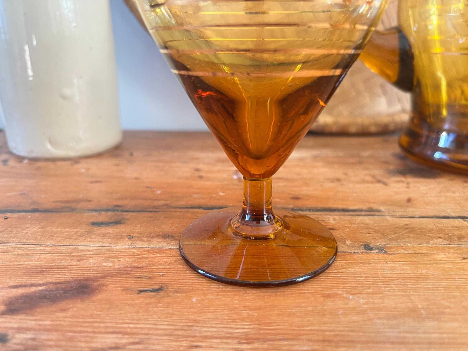 Mid Century Hand Blown Amber Glass Pitcher And 4 Stemware Set | Bohemian Smoke Glass Jug With Gold Banding | Vintage Czech Cocktail Barware photo 75.0