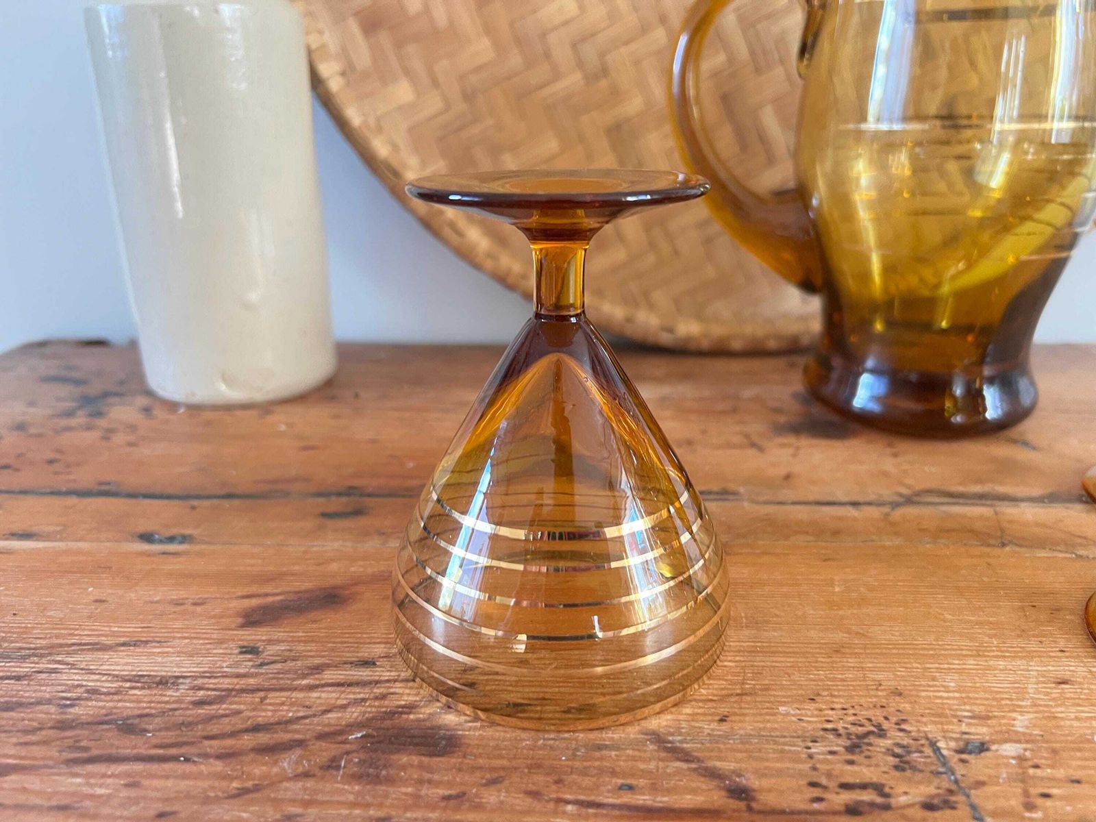 Mid Century Hand Blown Amber Glass Pitcher And 4 Stemware Set | Bohemian Smoke Glass Jug With Gold Banding | Vintage Czech Cocktail Barware photo buy