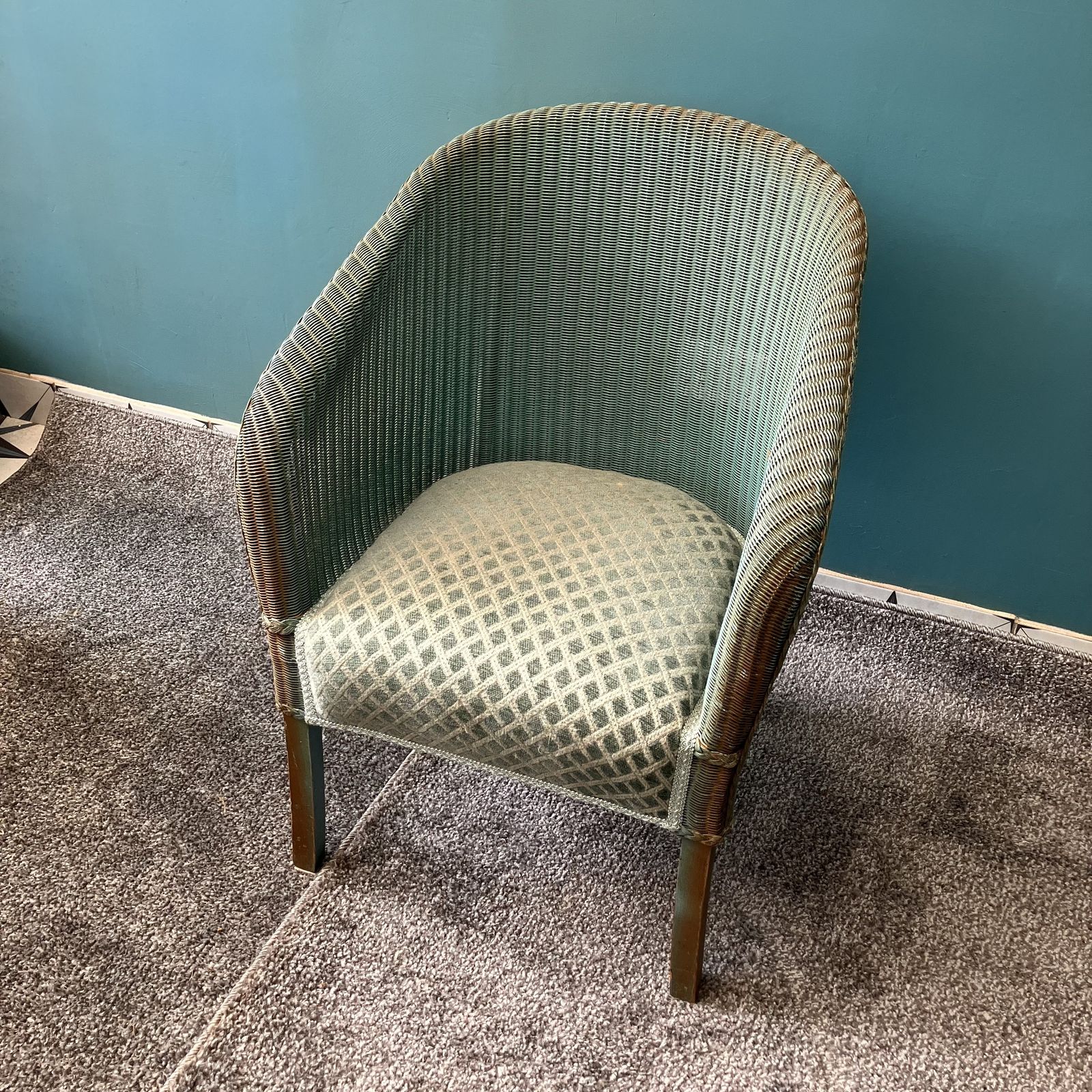 A Lloyd Loom Chair In Teal With Sprung Upholstered Seat photo for sale