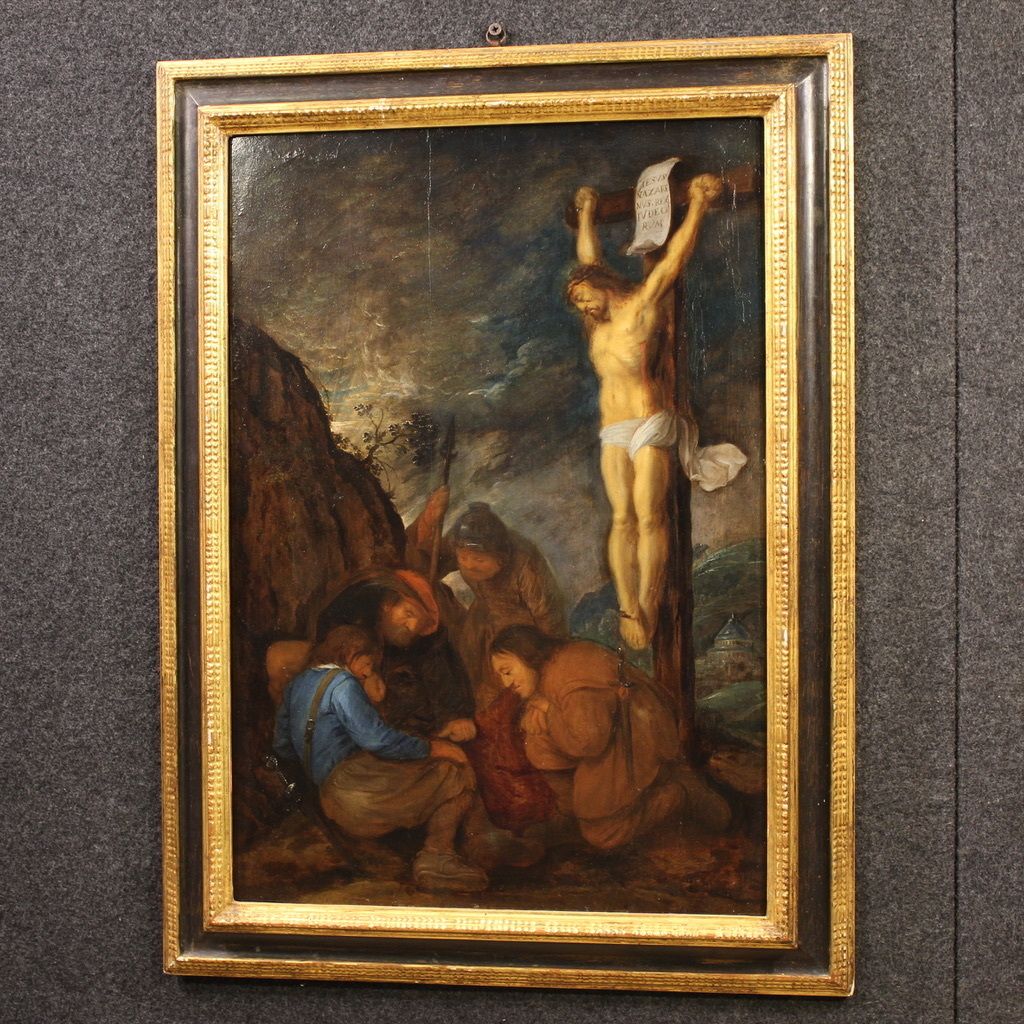 7700.0 Antique Flemish Painting On Panel From The 17th Century, Crucifixion With Soldiers photo